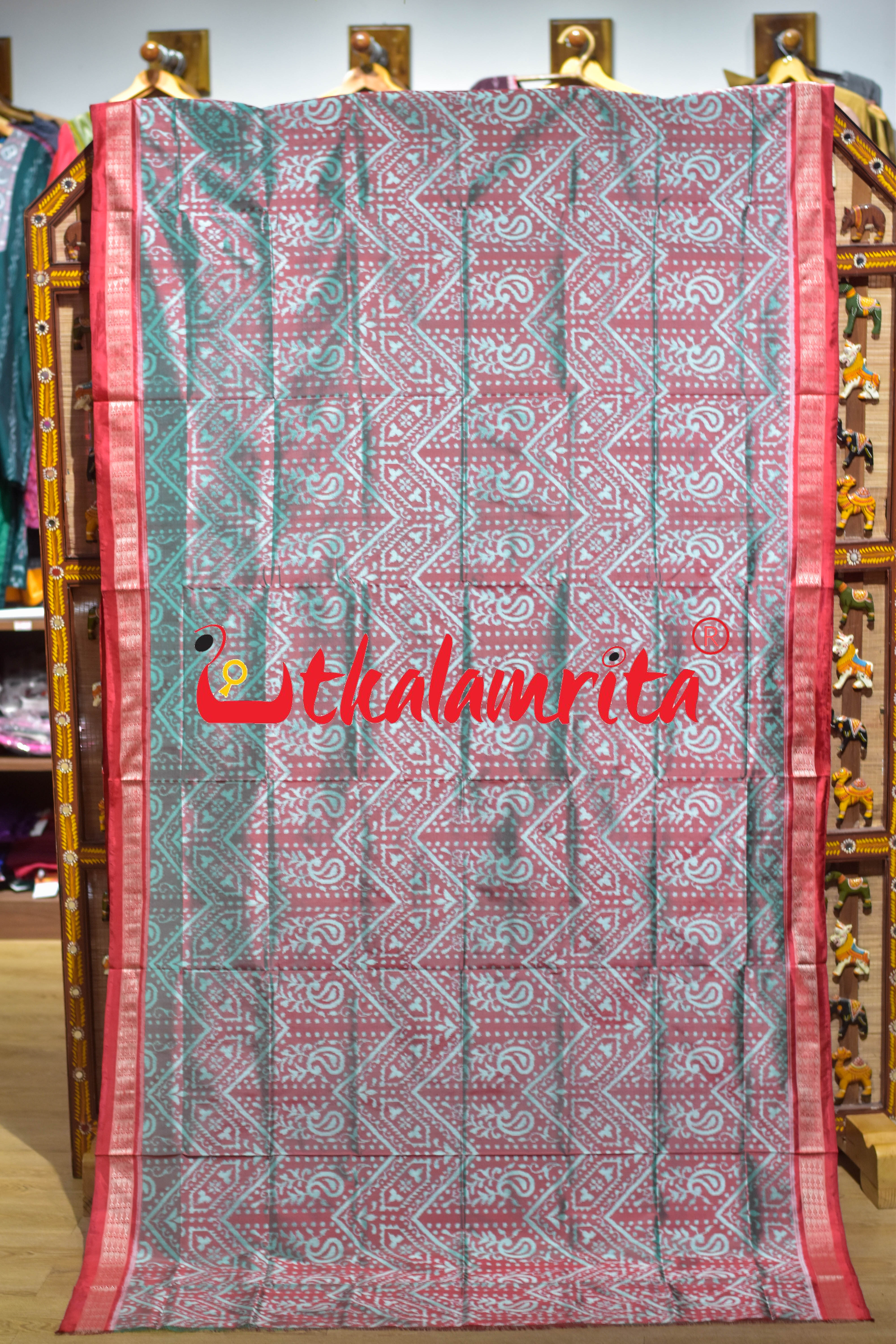 Turquoise Red Sambalpuri Bandha Silk Saree