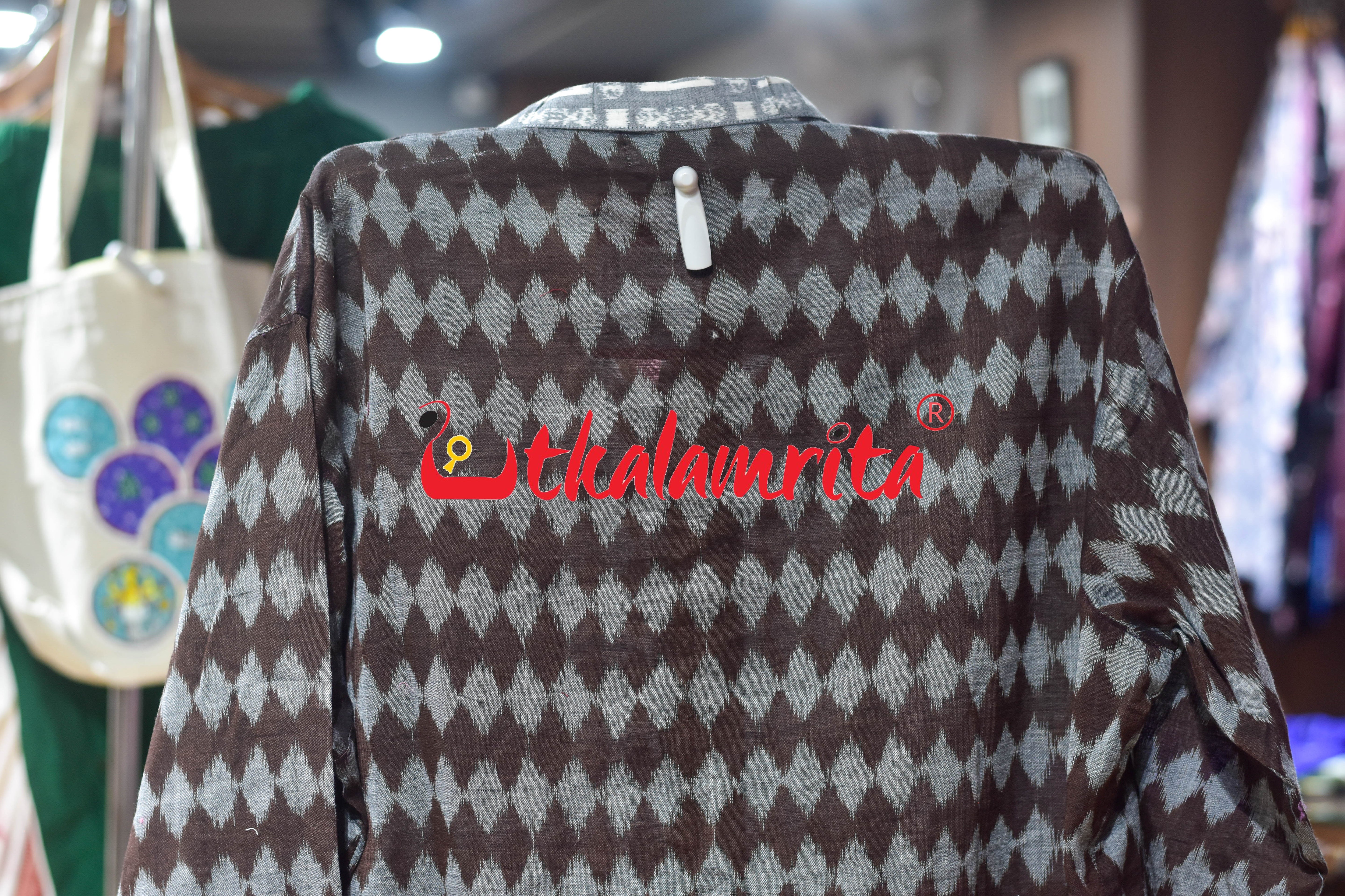 Grey Dots on Coffee Ikat Designer (Men's Short Kurta)