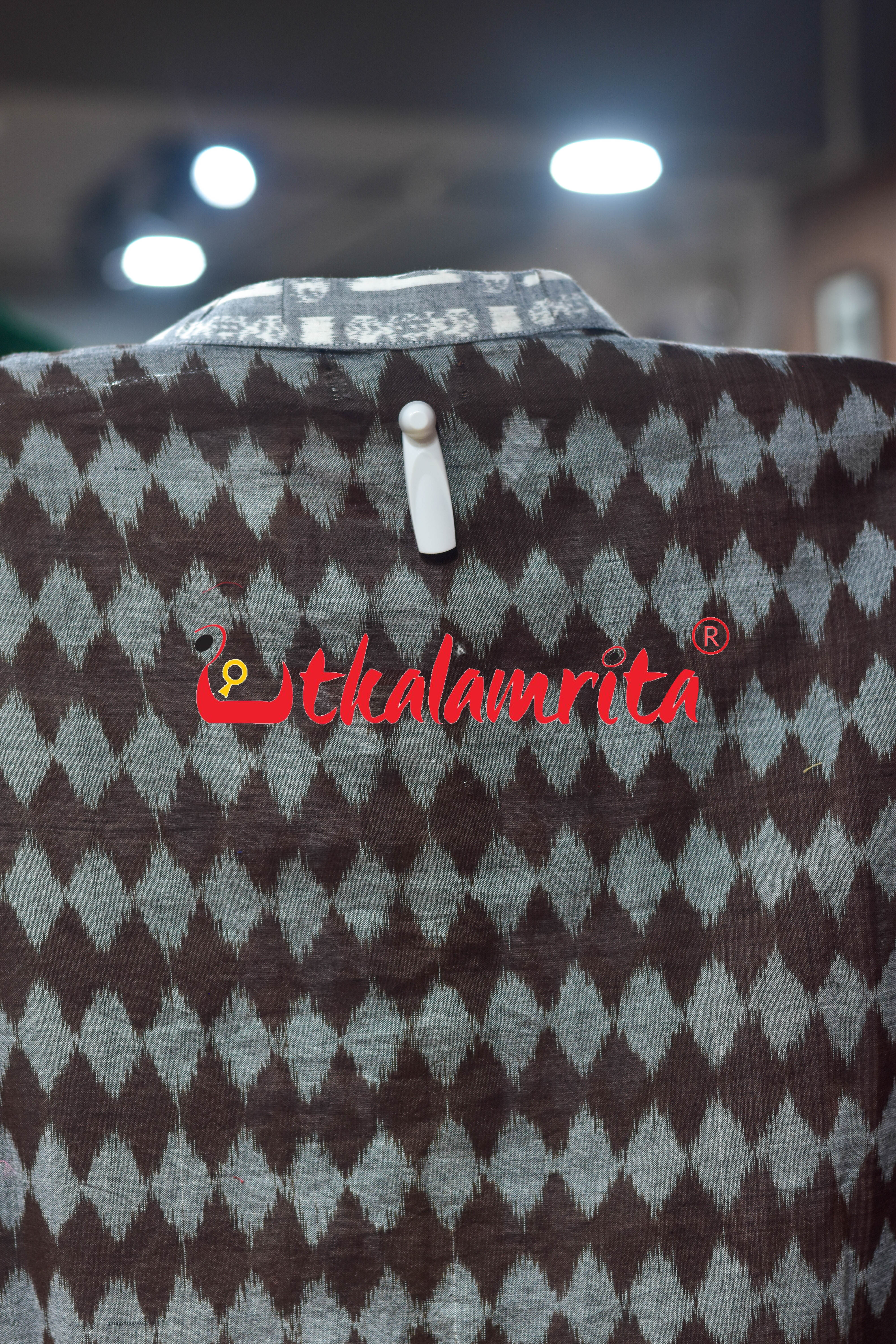 Grey Dots on Coffee Ikat Designer (Men's Short Kurta)