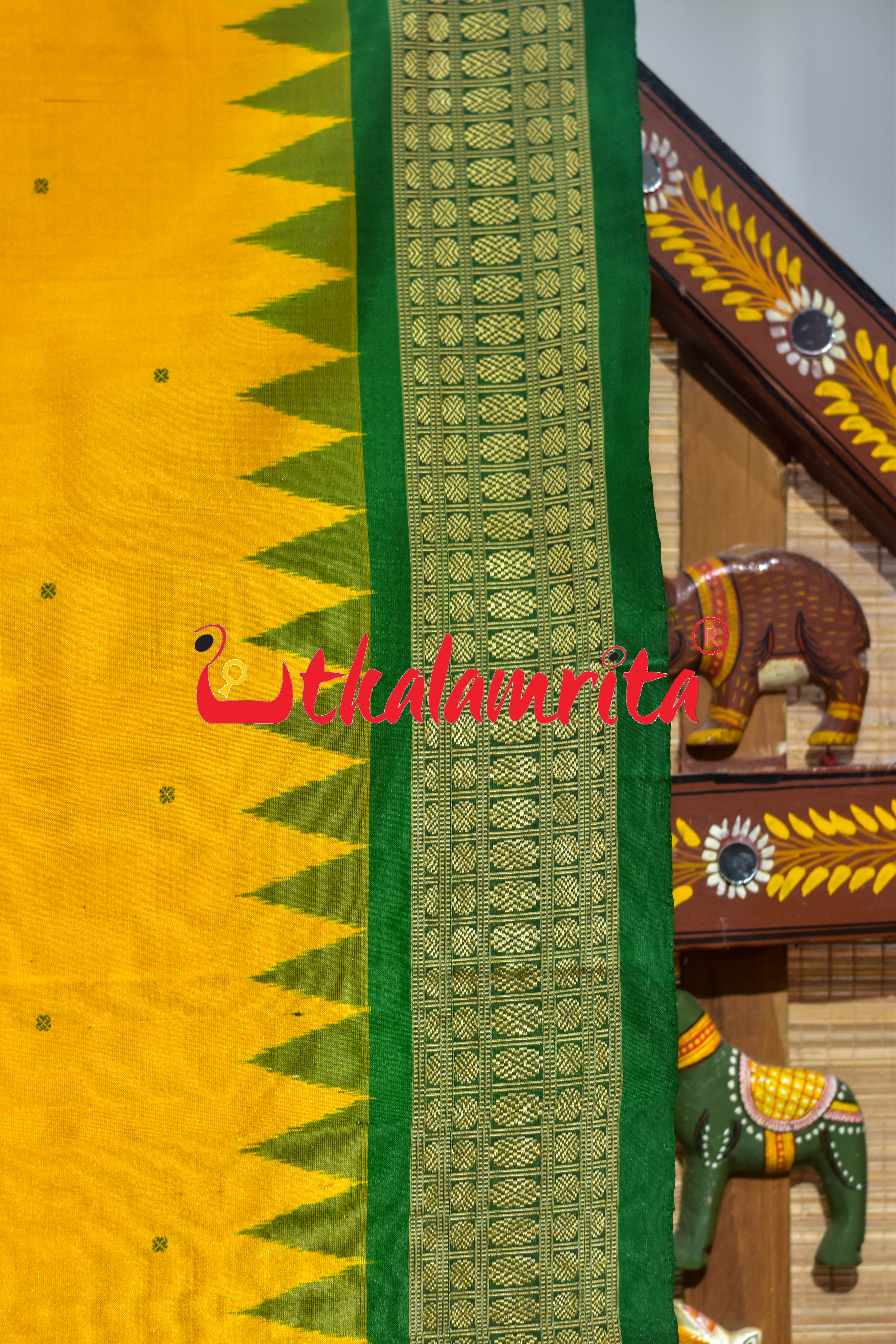 Mini Buti Frooti Golden Green Bomkai Silk Saree