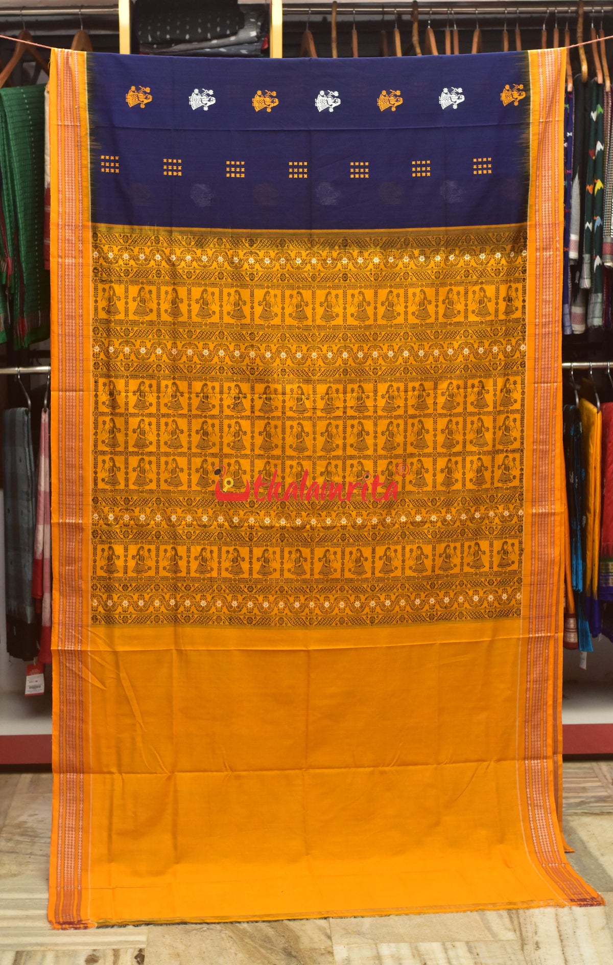 Ink Blue Mustard Doll Bomkai Cotton Saree