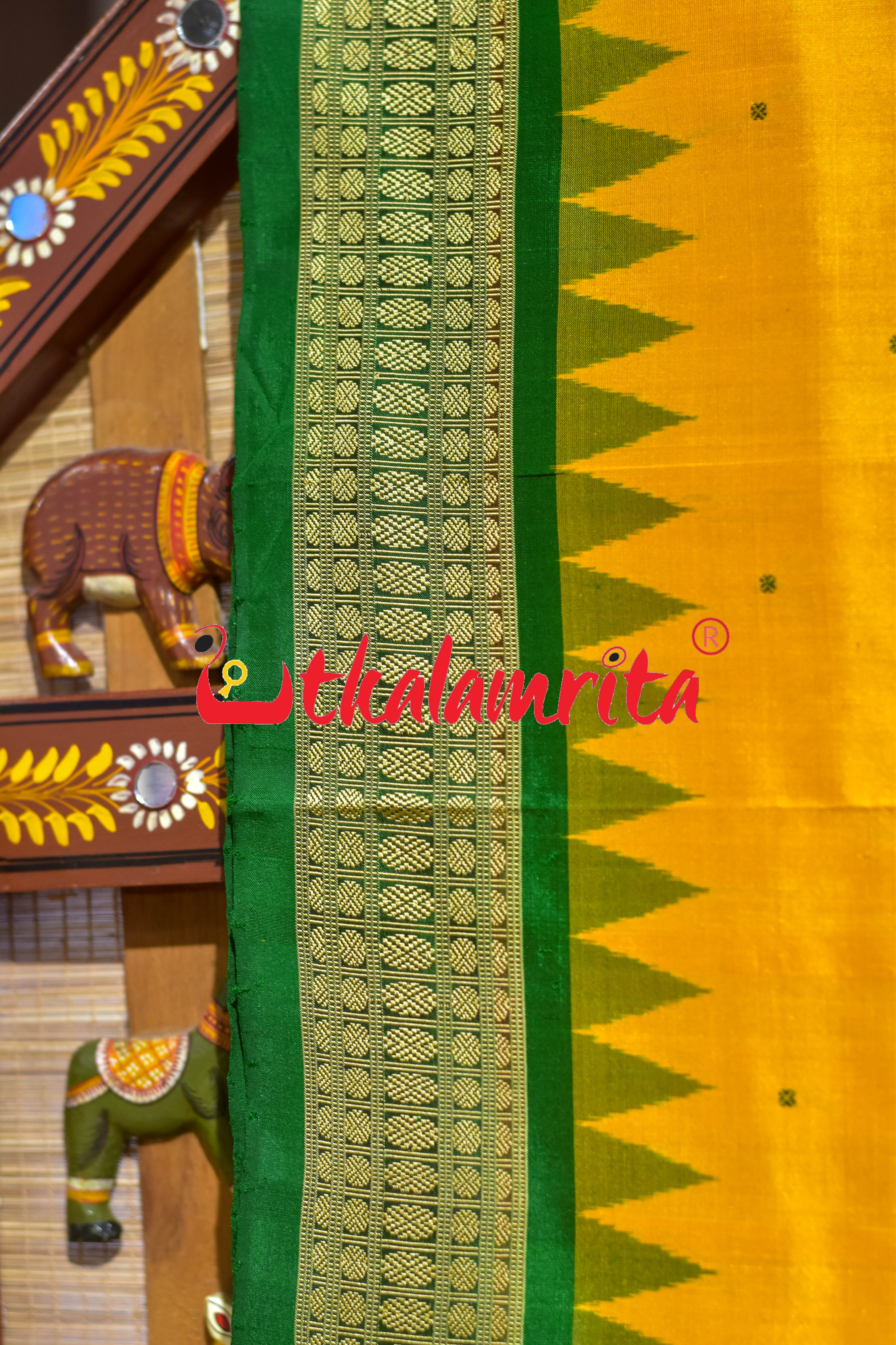 Mini Buti Frooti Golden Green Bomkai Silk Saree