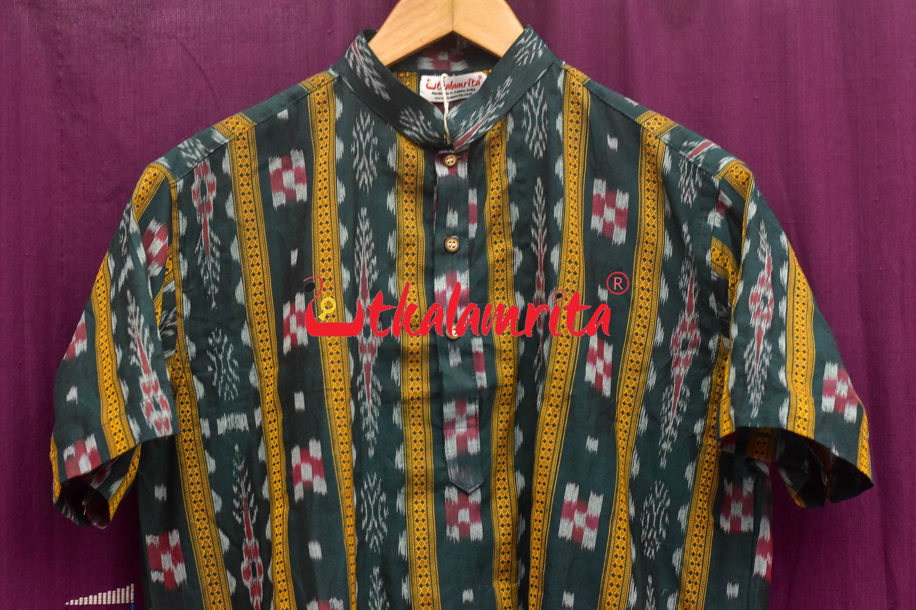 Deep Green Pasapali With Flower Border (Mens Half Kurta)