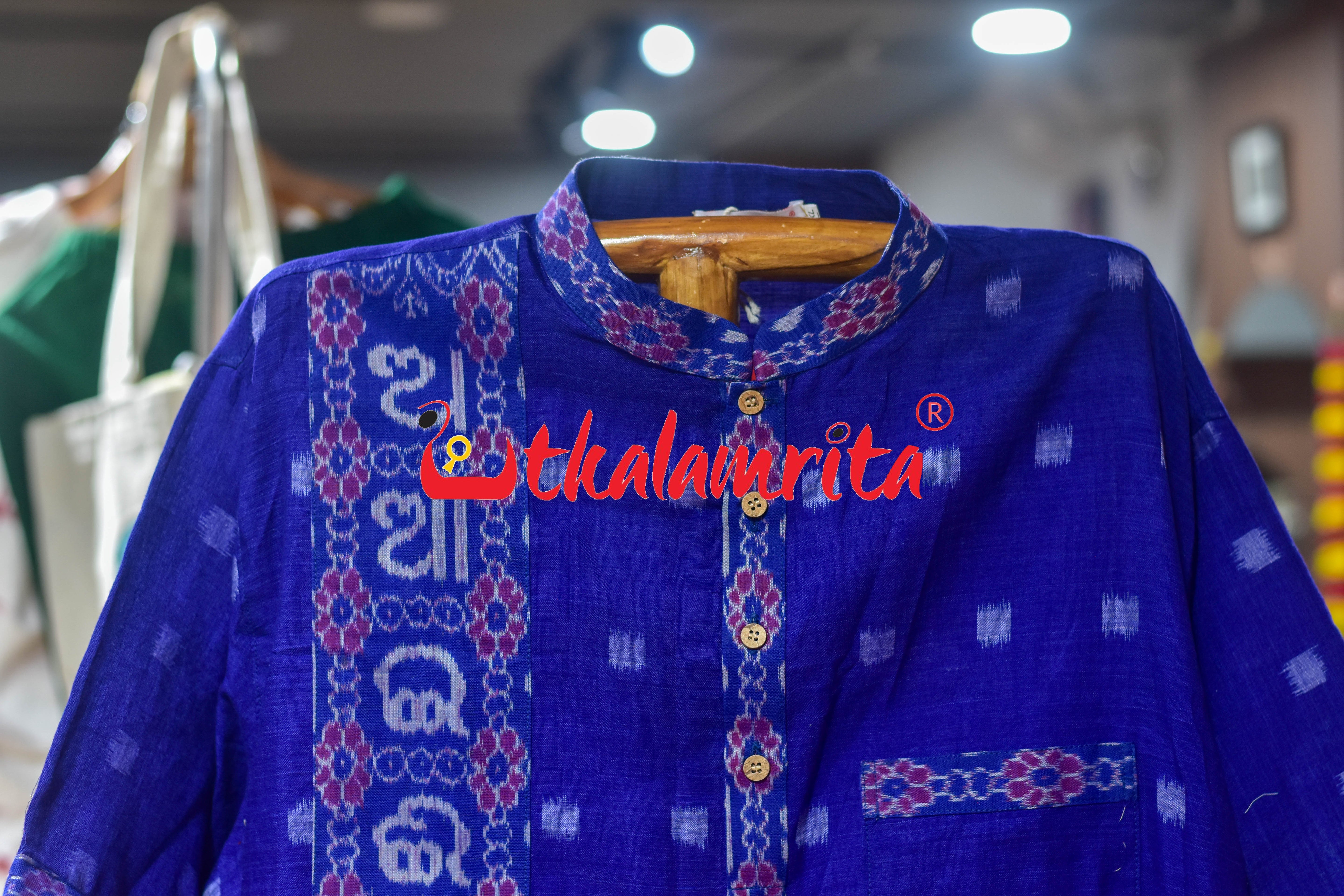 Ink Blue Dots Odia Letters (Men's Half kurta)