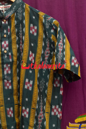 Deep Green Pasapali With Flower Border (Mens Half Kurta)