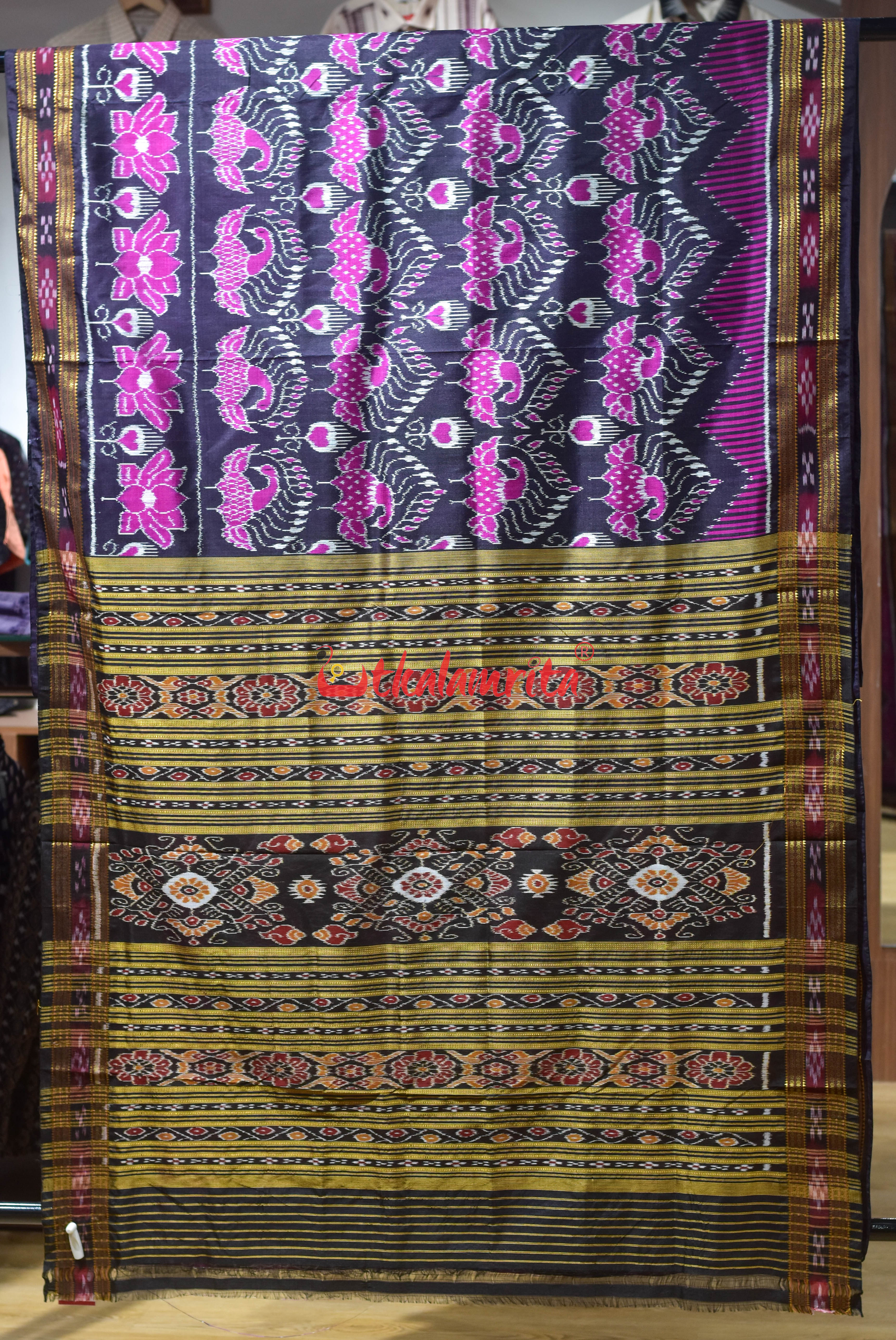 Black Mayura Body Border Pasapali Khandua Silk saree