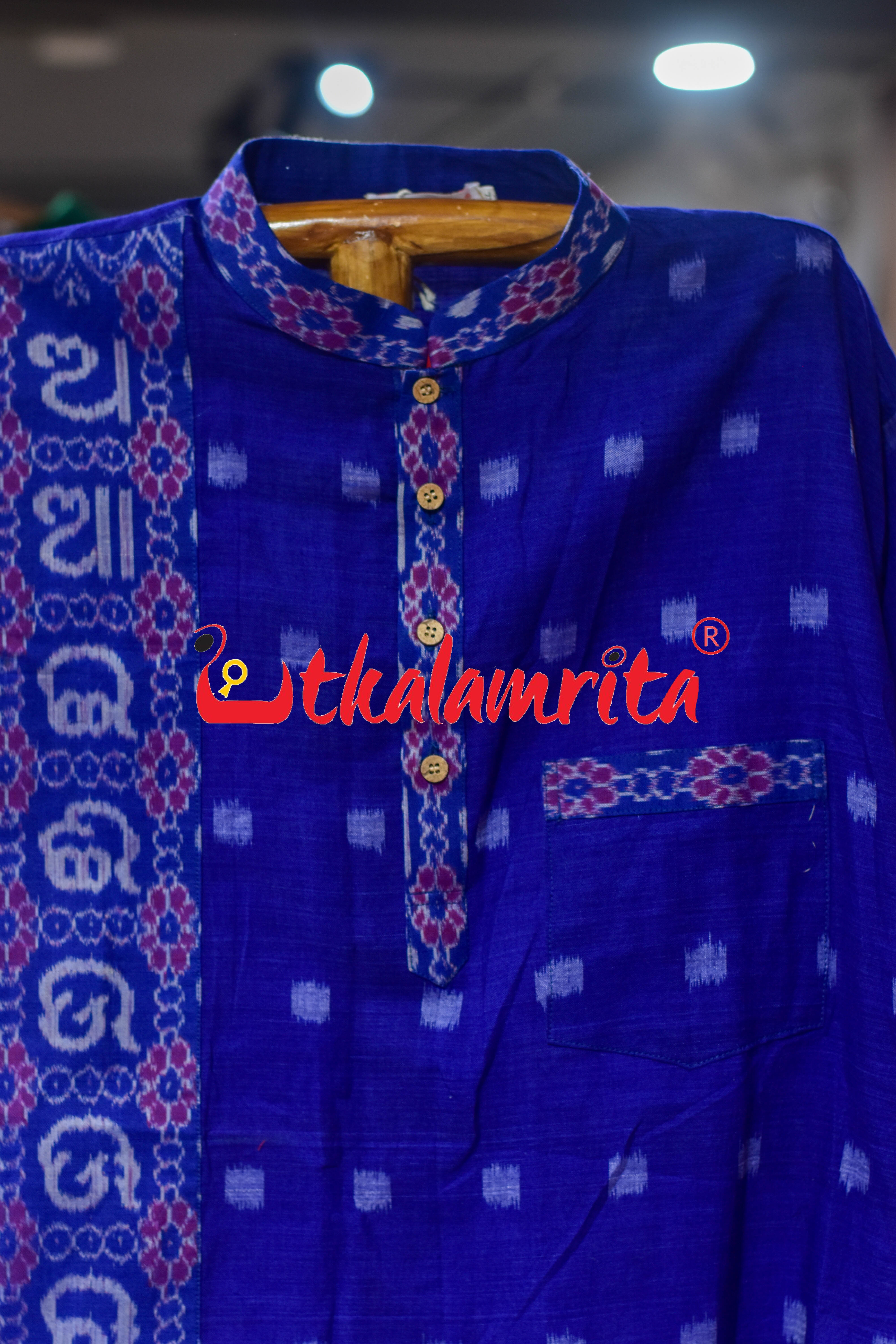 Ink Blue Dots Odia Letters (Men's Half kurta)