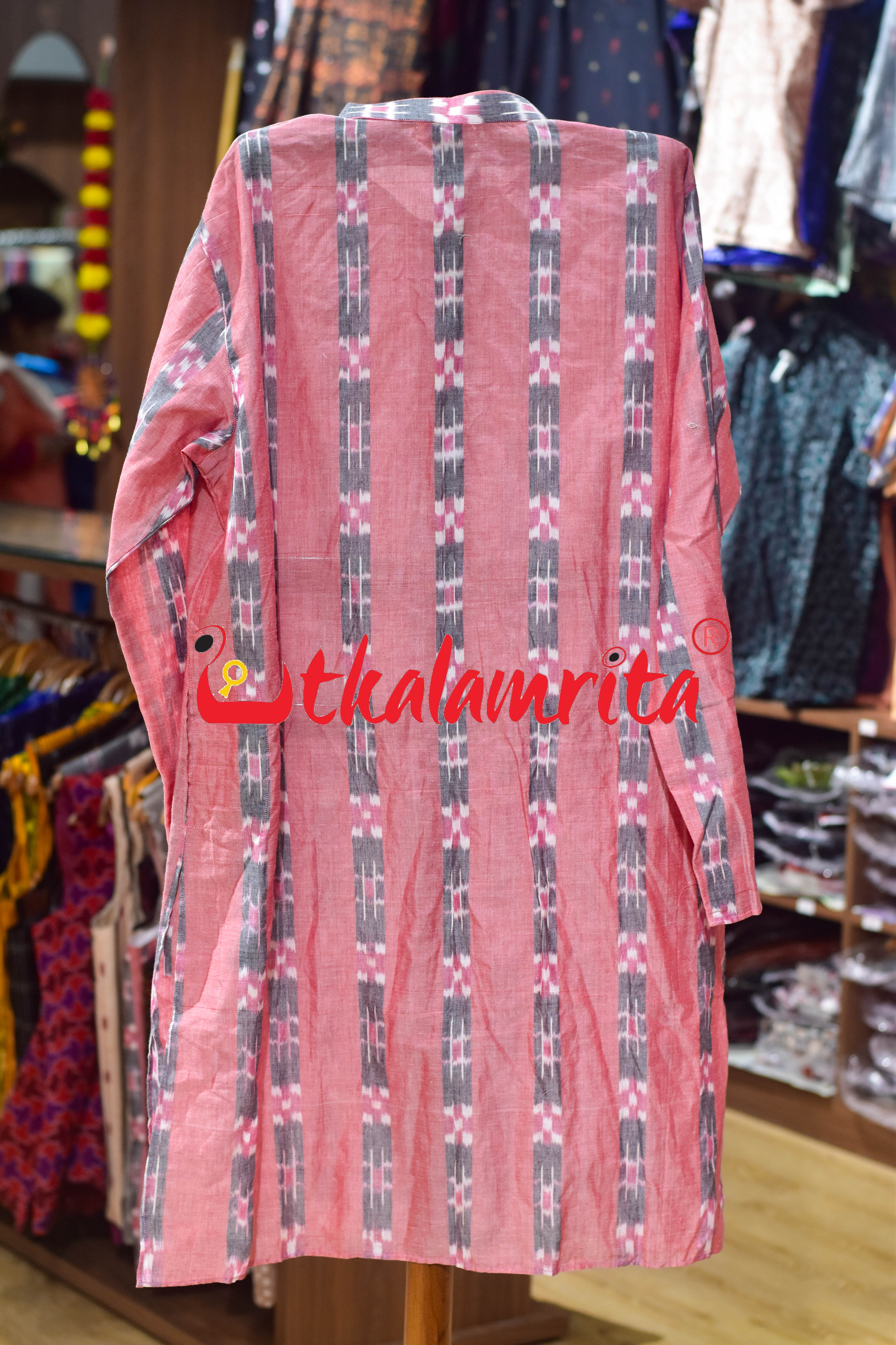 Peach Body Grey Lines Pasapali (Men's Long Kurta)