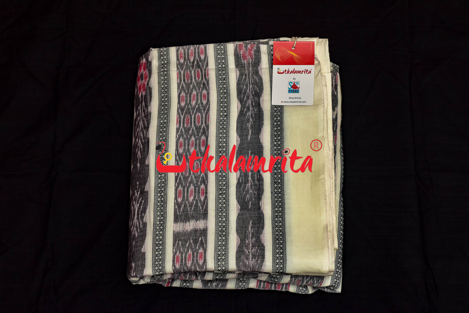 Grey and Red Bandha on White (Fabric)