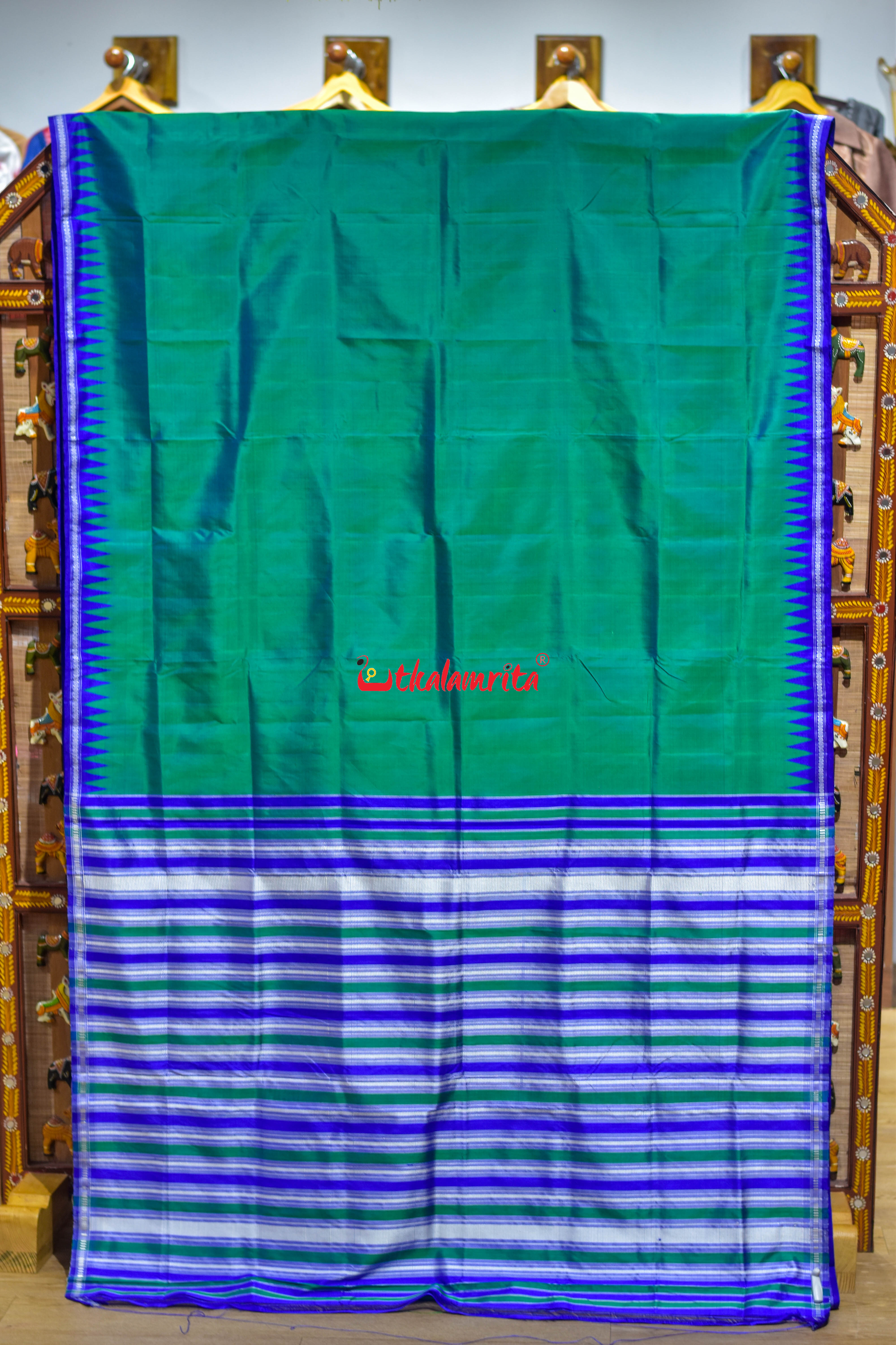 Green Blue Single Anchal Berhampuri Silk Saree