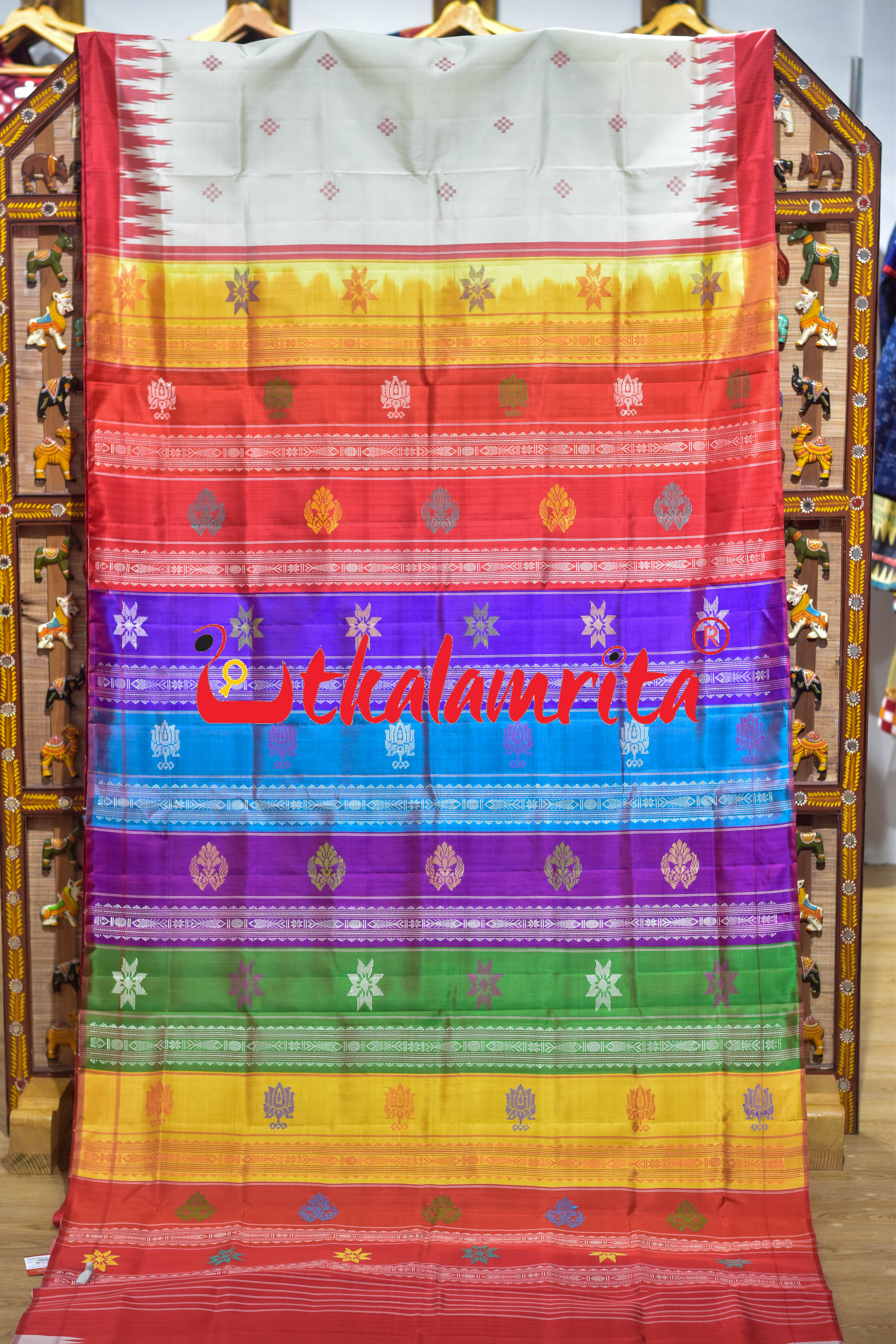 White Red Kumbha Double Anchal Berhampuri Silk Saree