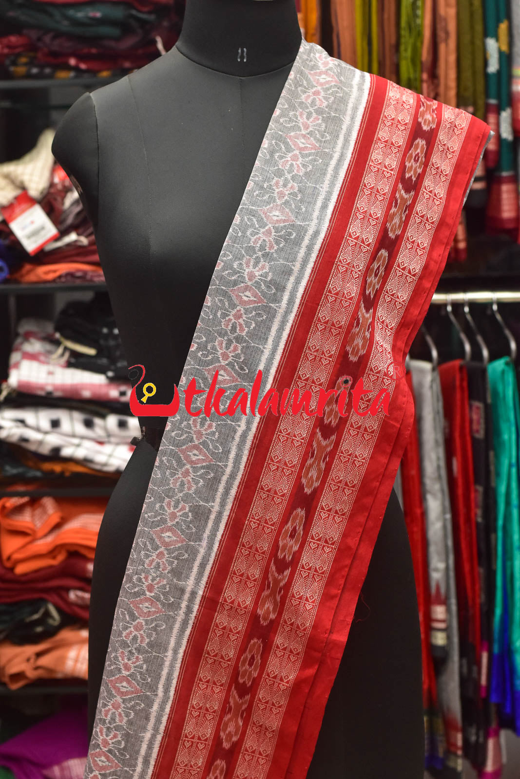 Grey Red Sambalpuri Fish Border (Dupatta)