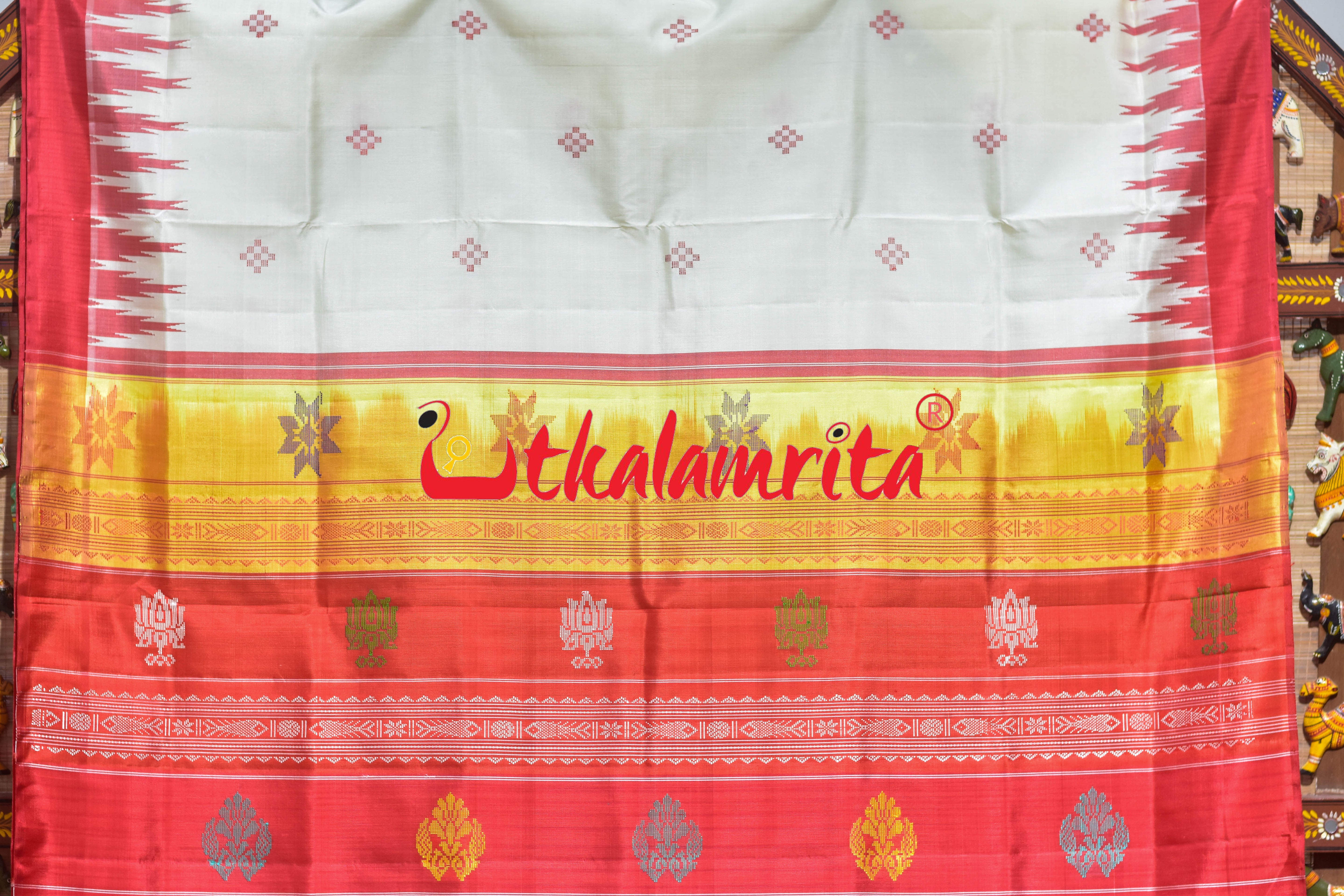 White Red Kumbha Double Anchal Berhampuri Silk Saree