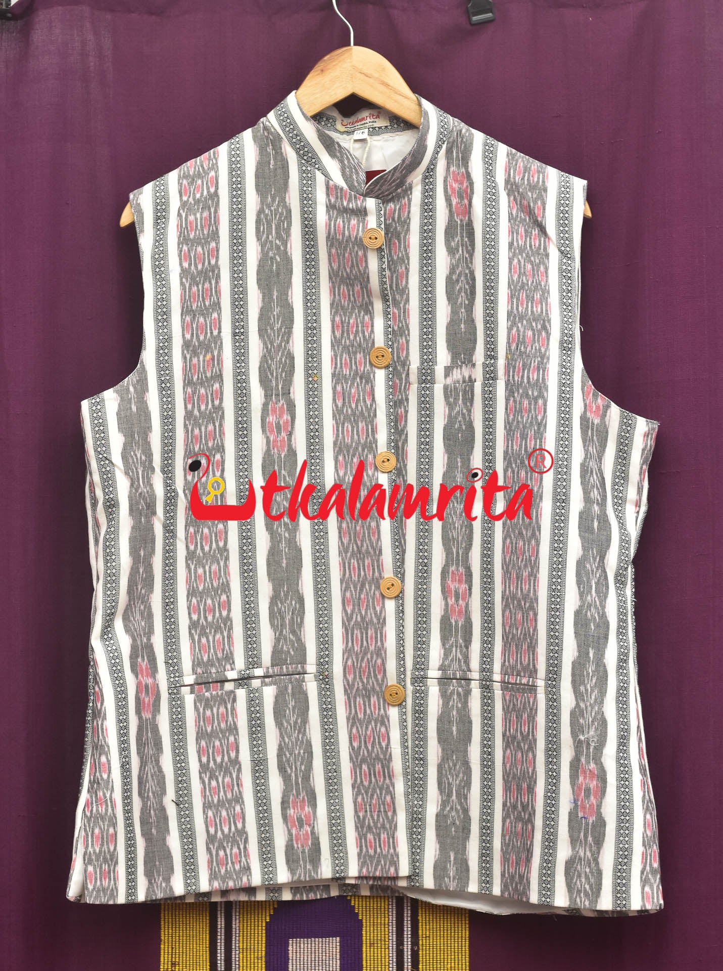 Grey and Red Bandha on White (Men's Jacket)