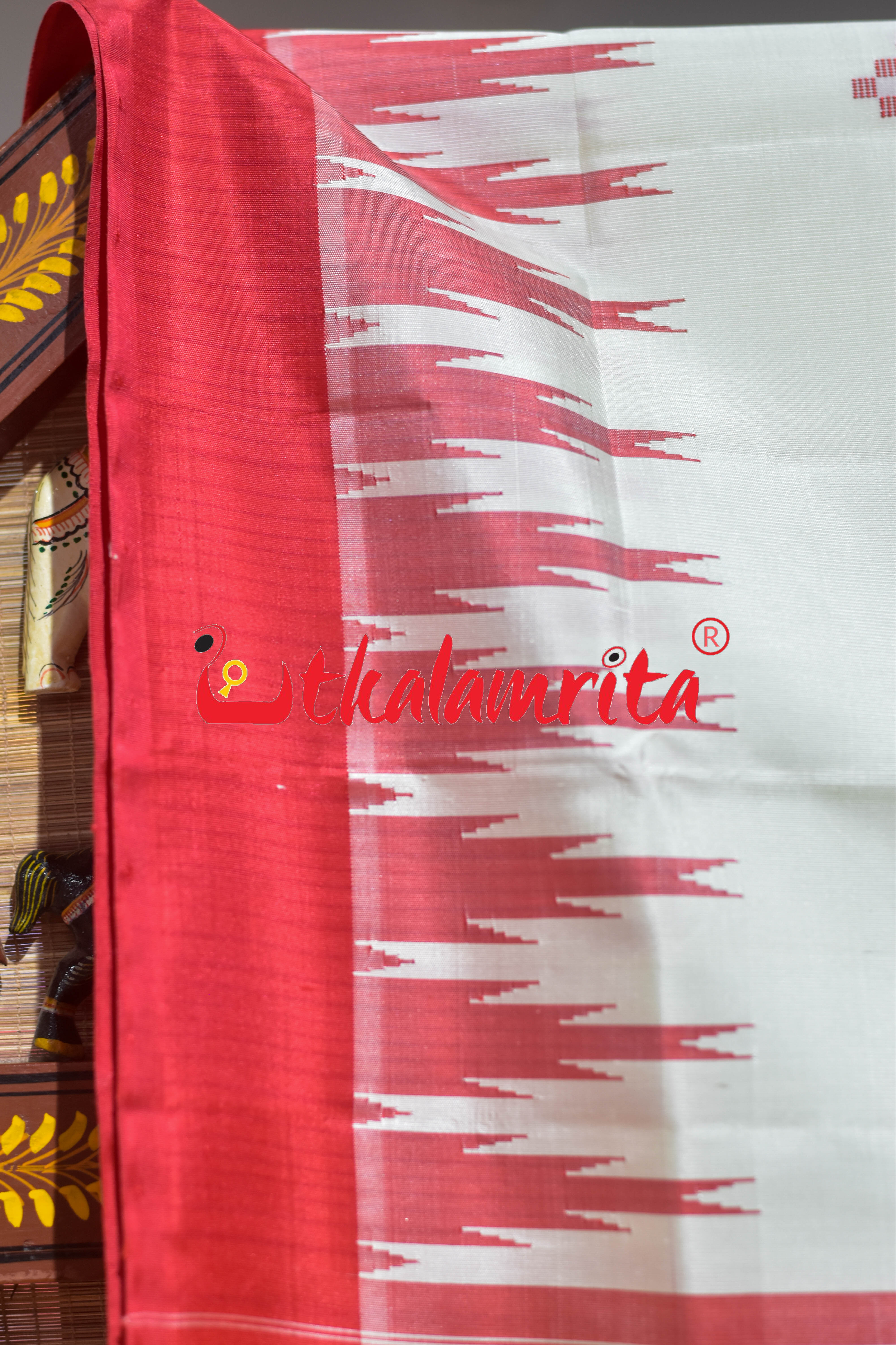 White Red Kumbha Double Anchal Berhampuri Silk Saree