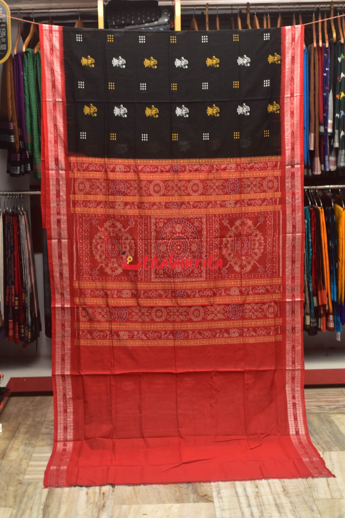 Black Red Border Bandha Doll Bomkai Cotton Saree