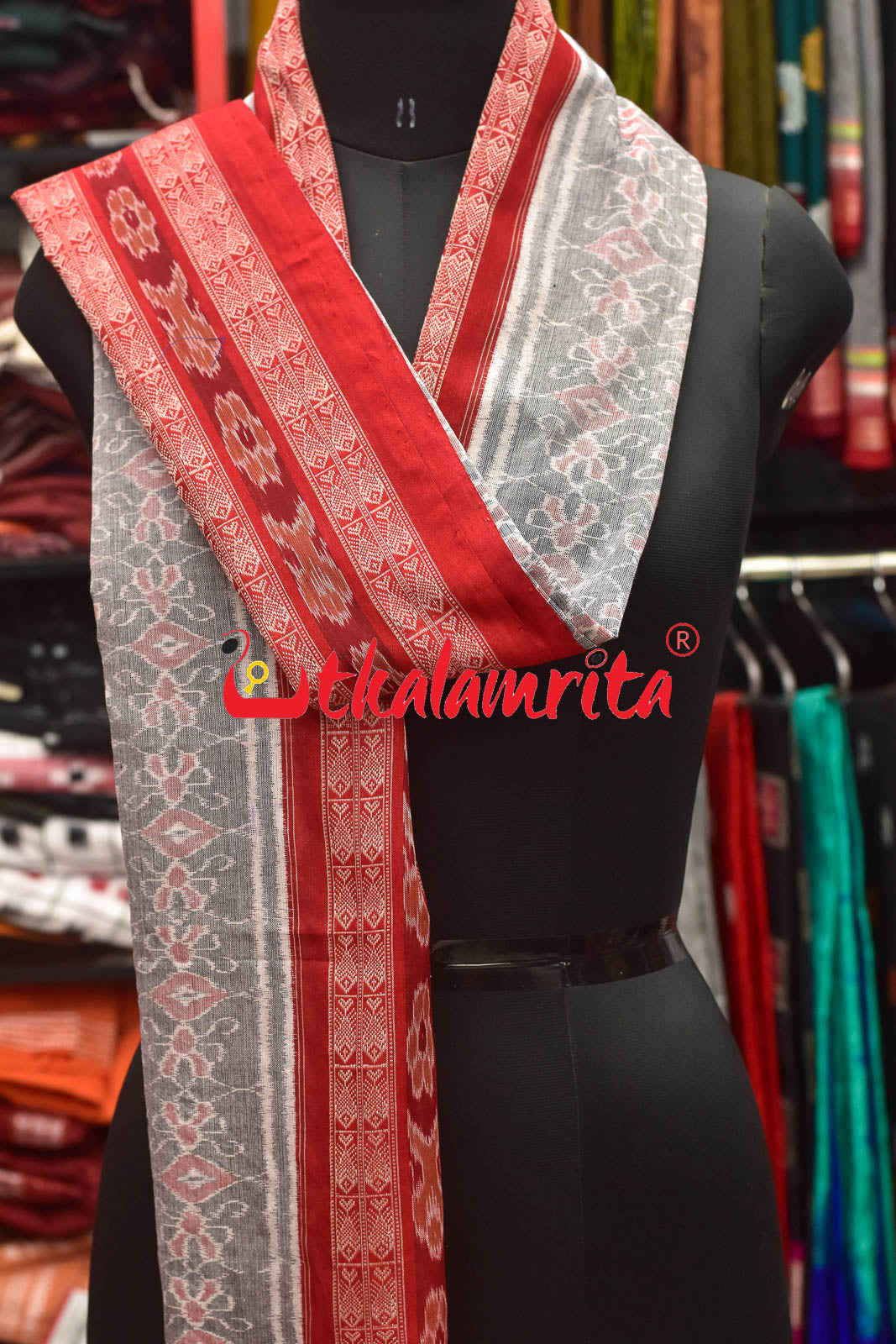 Grey Red Sambalpuri Fish Border (Dupatta)