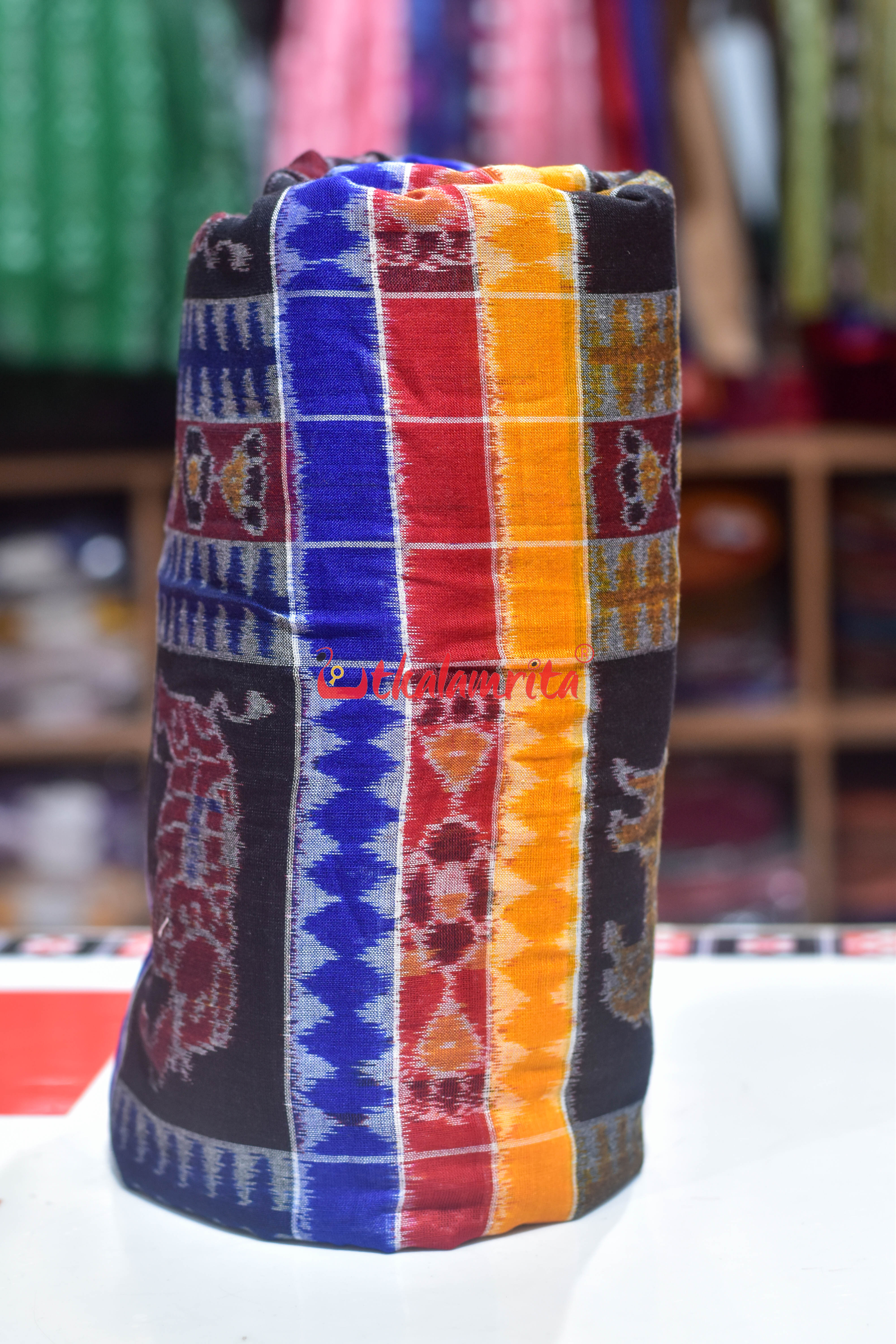 Blue Red Animal Bandha Utkala Lakhmi (Fabric)