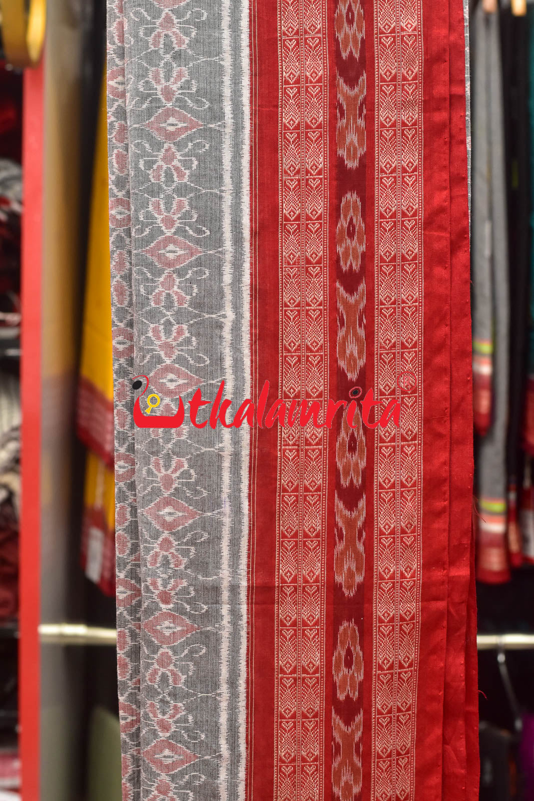 Grey Red Sambalpuri Fish Border (Dupatta)