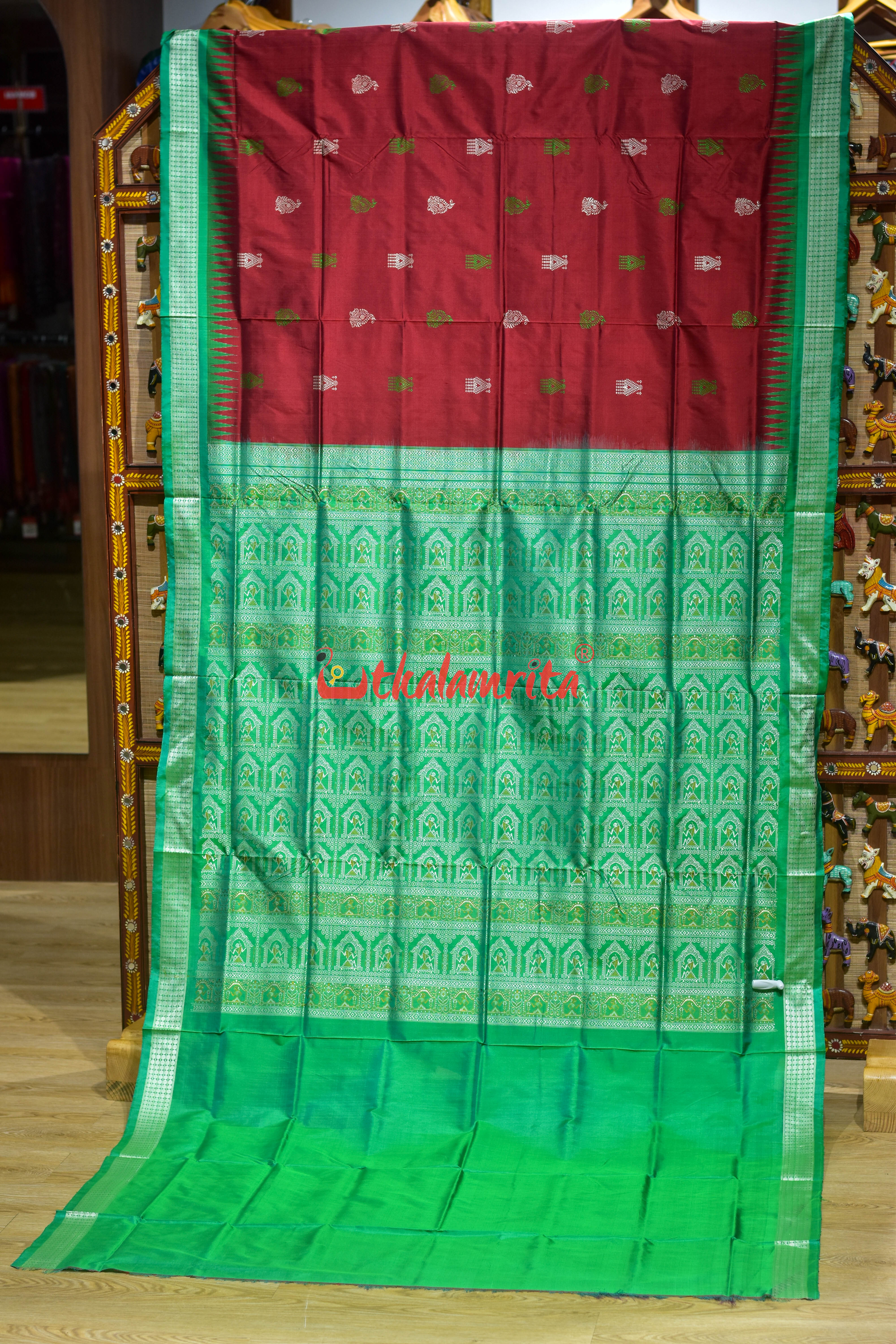 Red Green Tribals Mukuta Bomkai Silk Saree