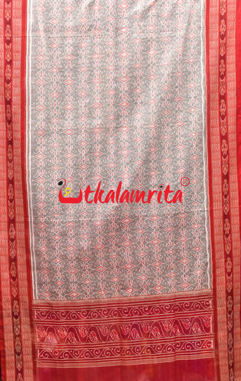 Grey Red Sambalpuri Fish Border (Dupatta)