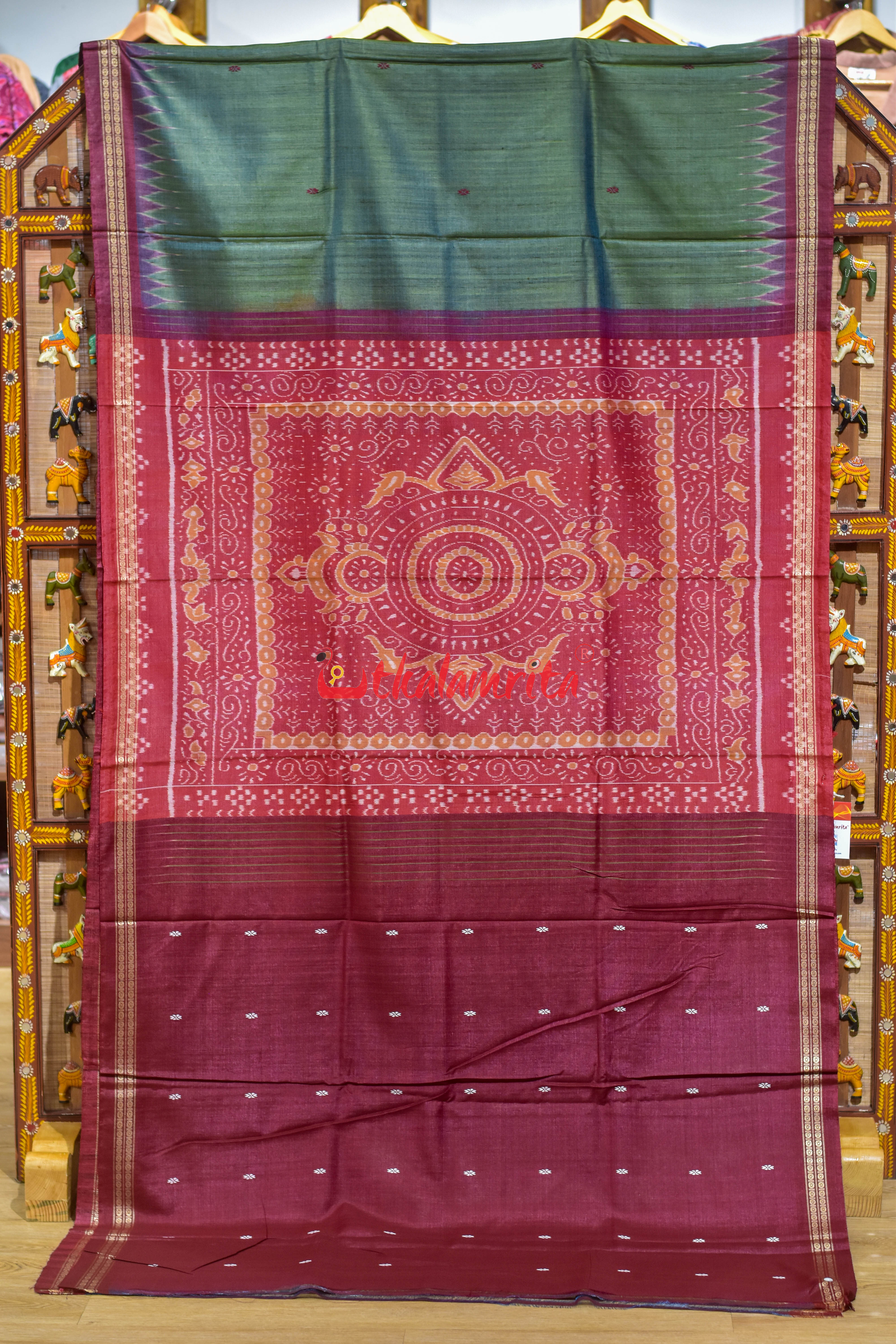 Olive Maroon Traditional Design Gopalpur Tussar Silk Saree