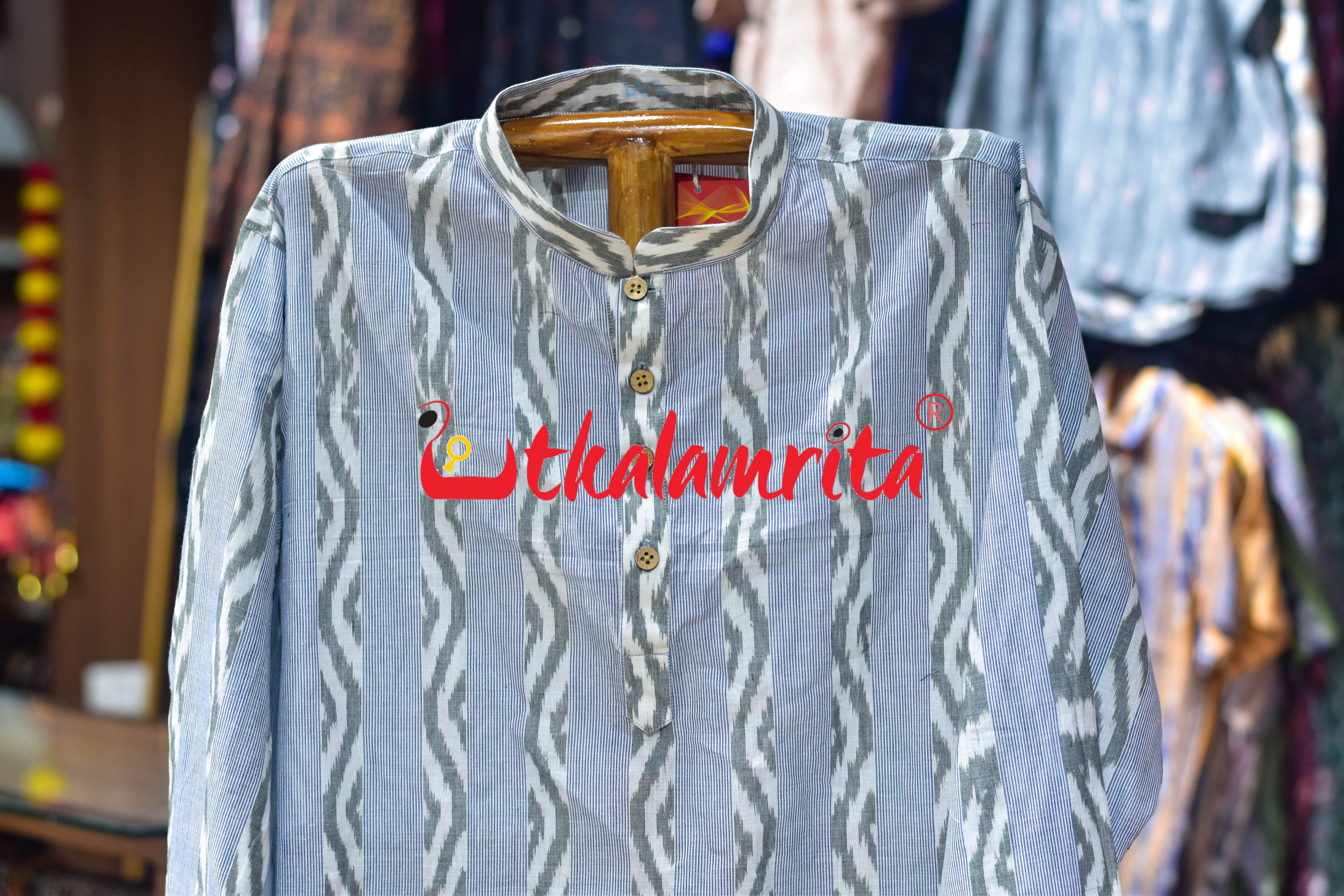 White Blue Lahari Lines (Men's Long Kurta)