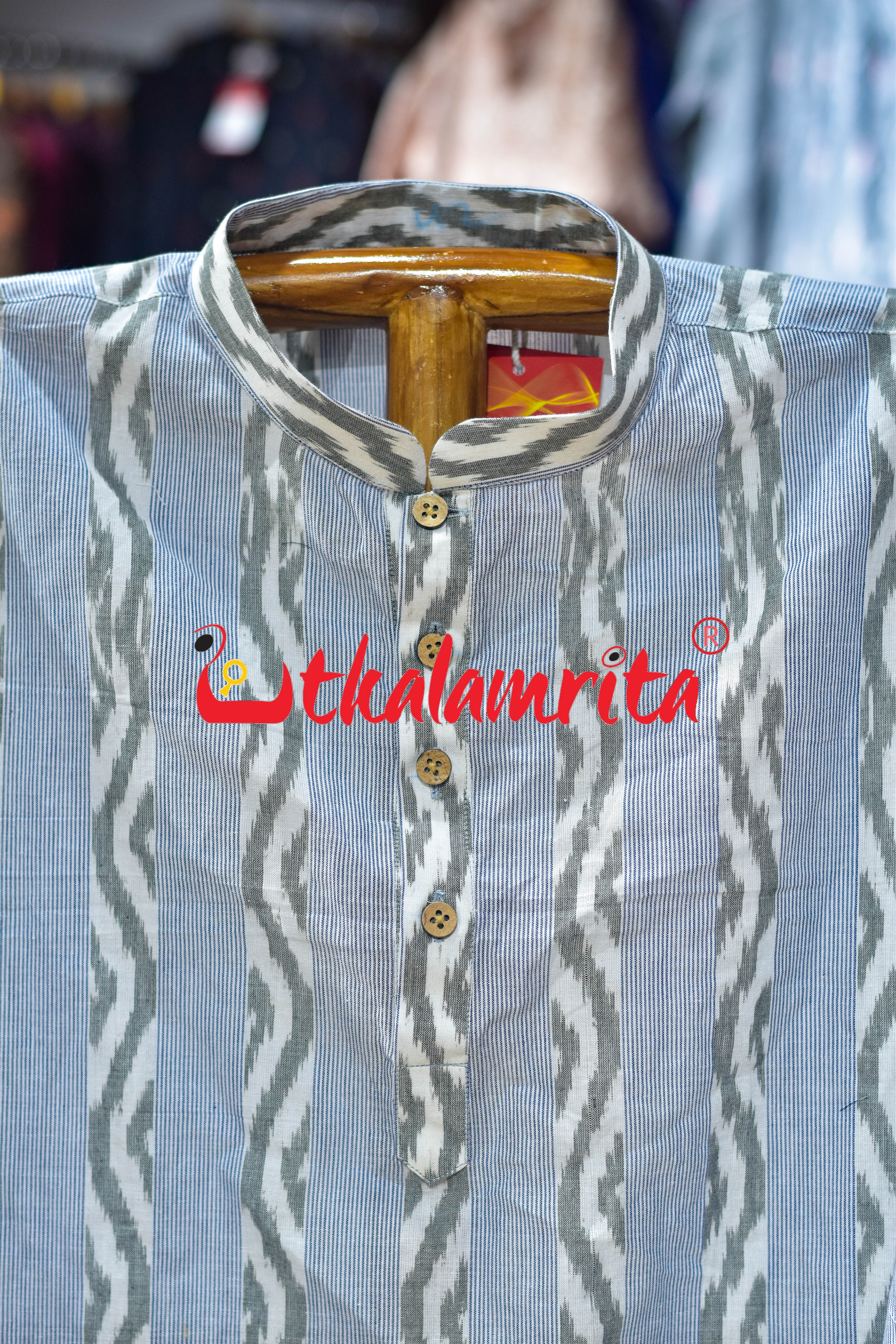 White Blue Lahari Lines (Men's Long Kurta)
