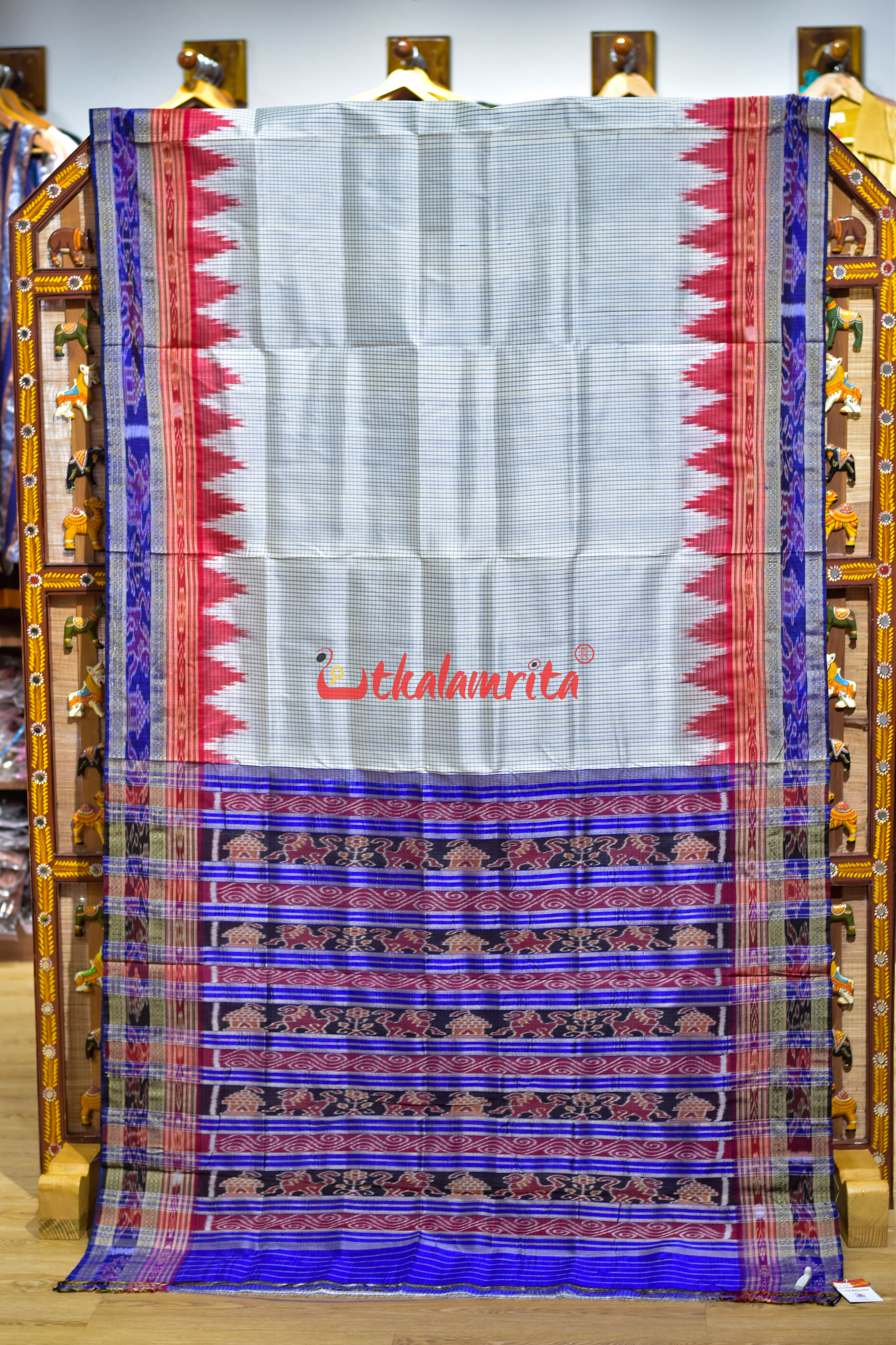White Blue Sachipar Khandua Silk Saree