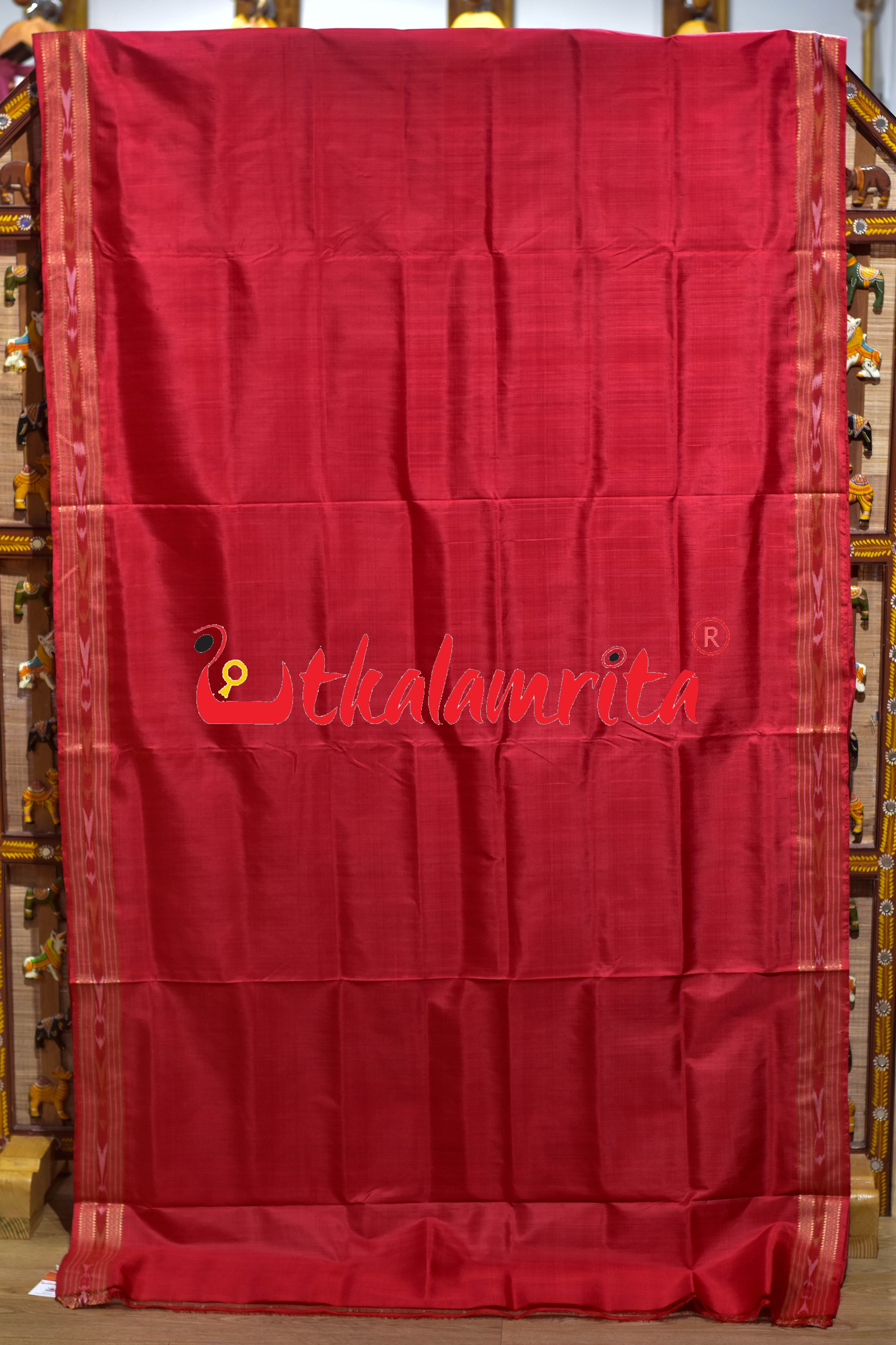 Self Red Bandha Anchal Khandua Silk Saree