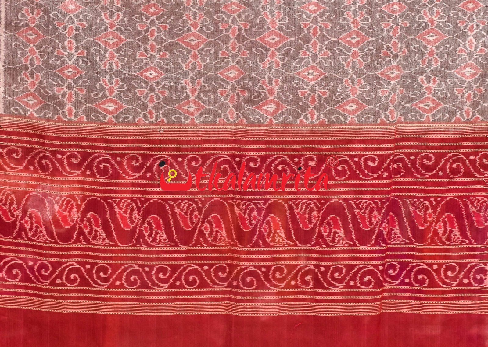 Grey Red Sambalpuri Fish Border (Dupatta)