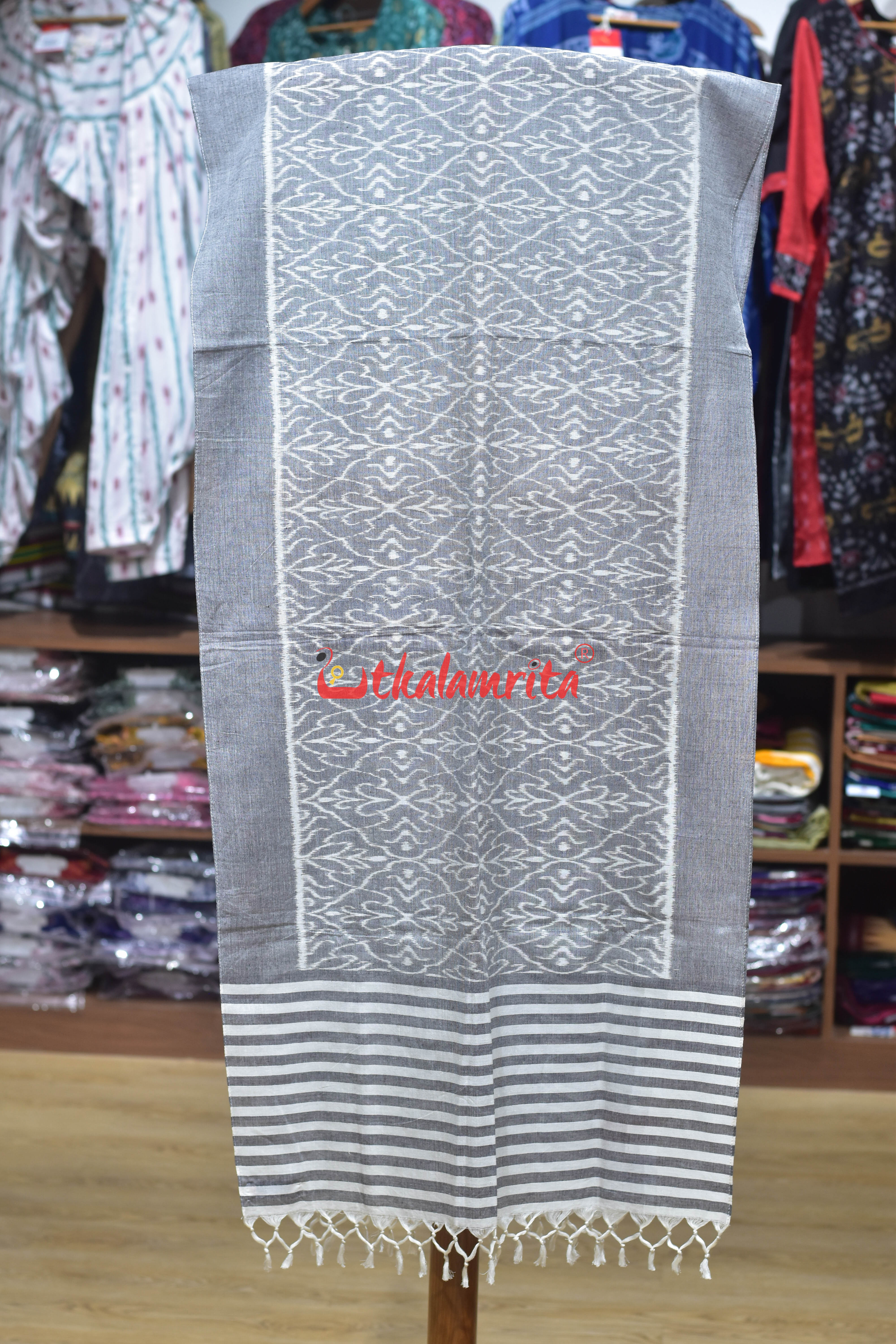 White Grey Flower Jala Cotton Stole