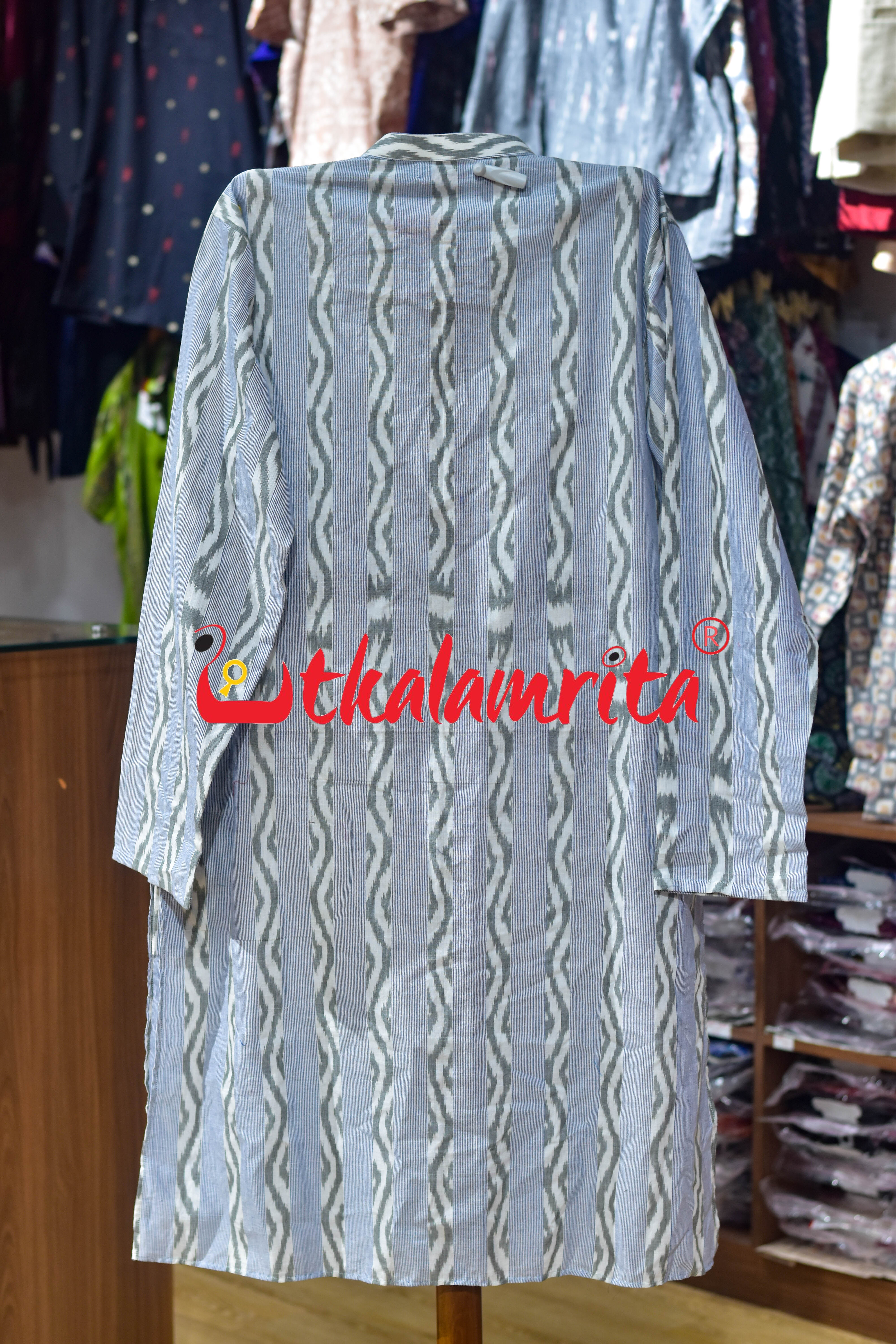 White Blue Lahari Lines (Men's Long Kurta)