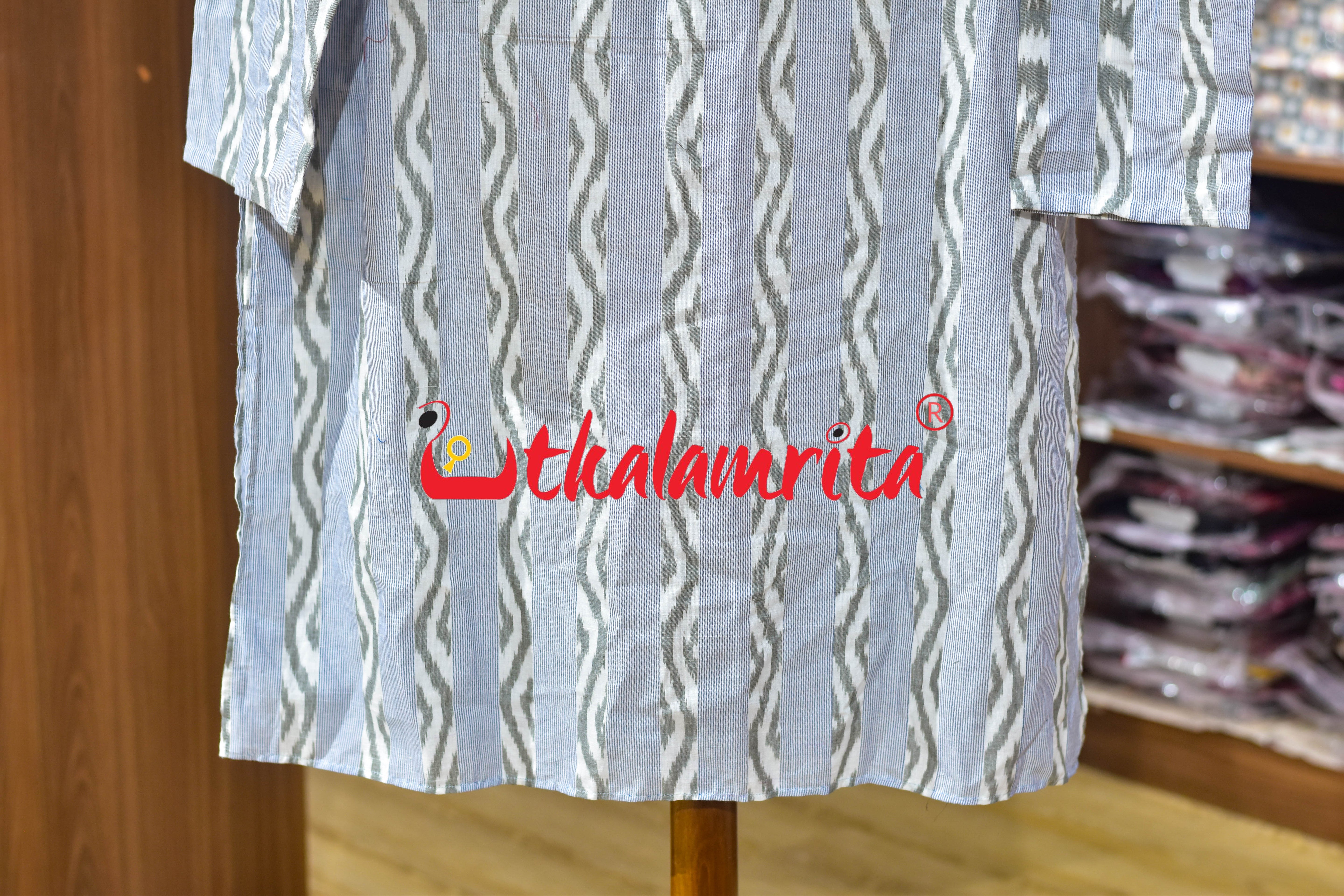White Blue Lahari Lines (Men's Long Kurta)