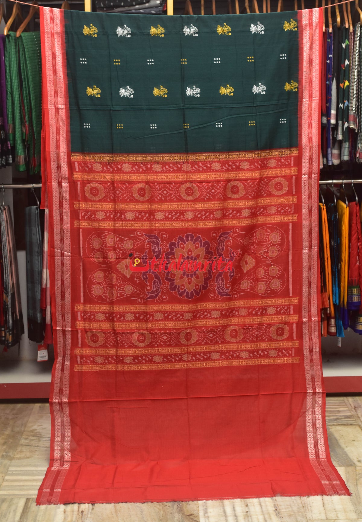 Moss Green Red Border Doll Bomkai Cotton Saree