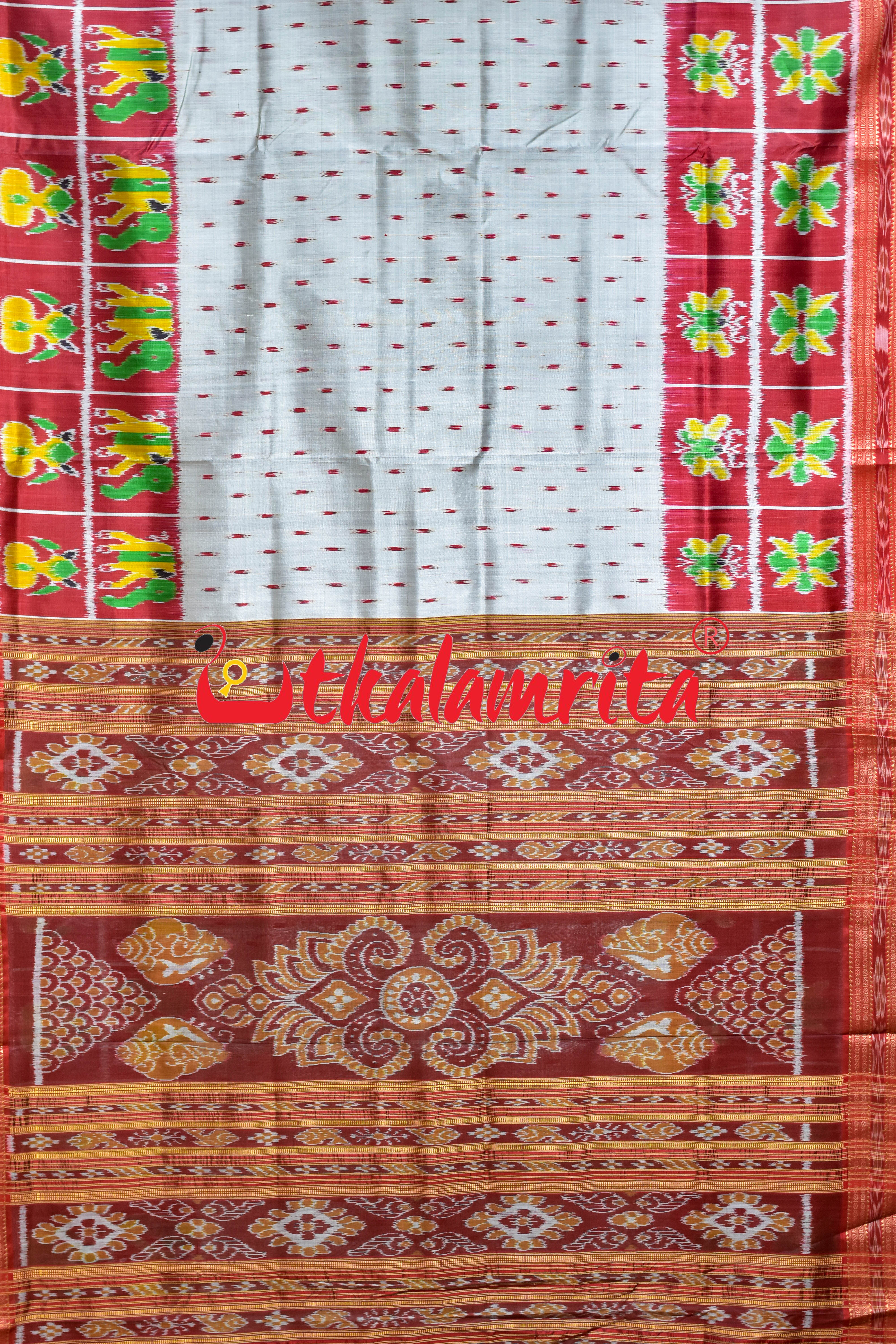 Grey Red Dots Kalash Hathi Border Khandua Silk Saree