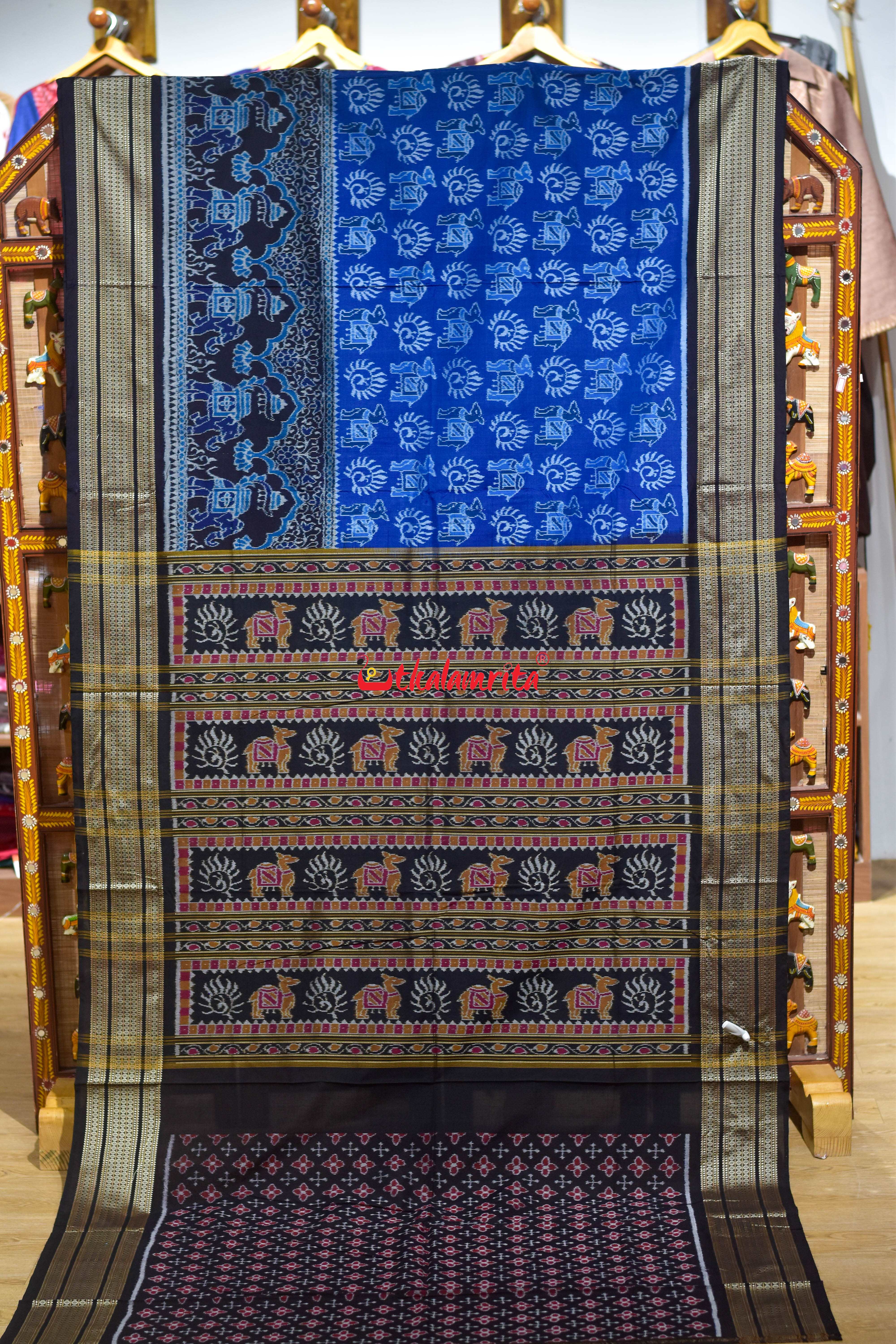 Blue Black 3D Elephant Sambalpuri Cotton Saree