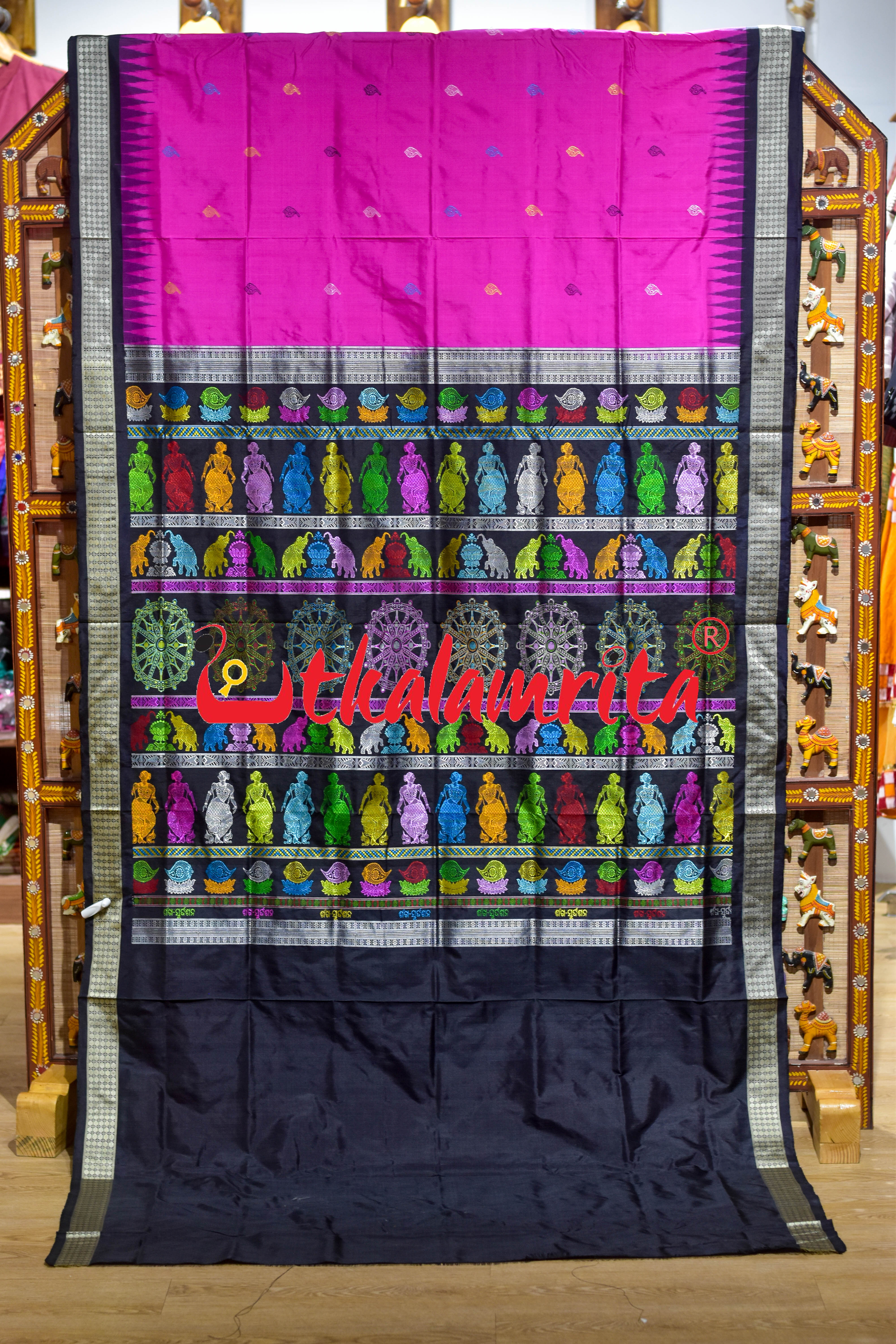 Rani Pink Black Sankha Sudarshana Bomkai Silk Saree