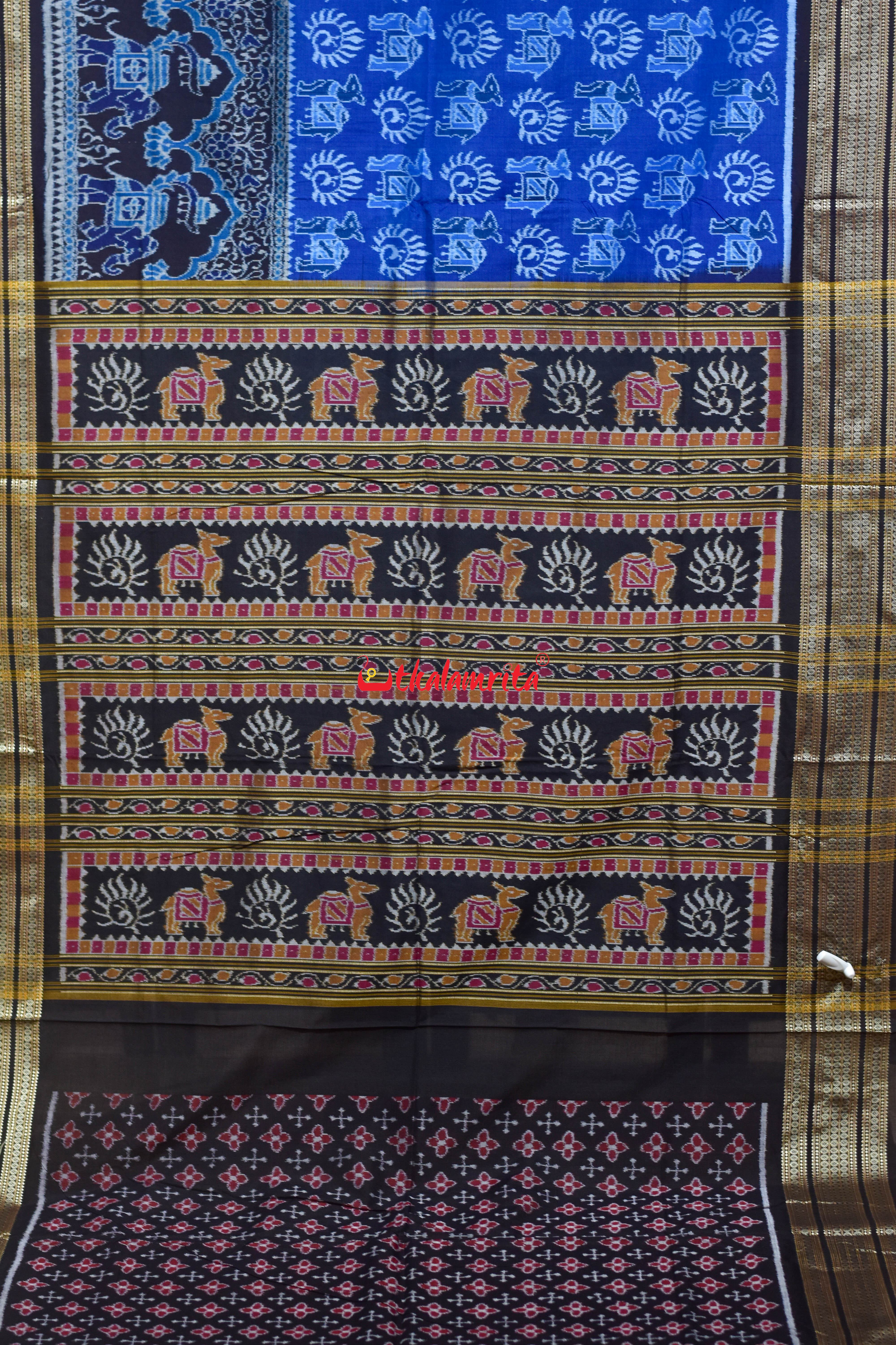 Blue Black 3D Elephant Sambalpuri Cotton Saree