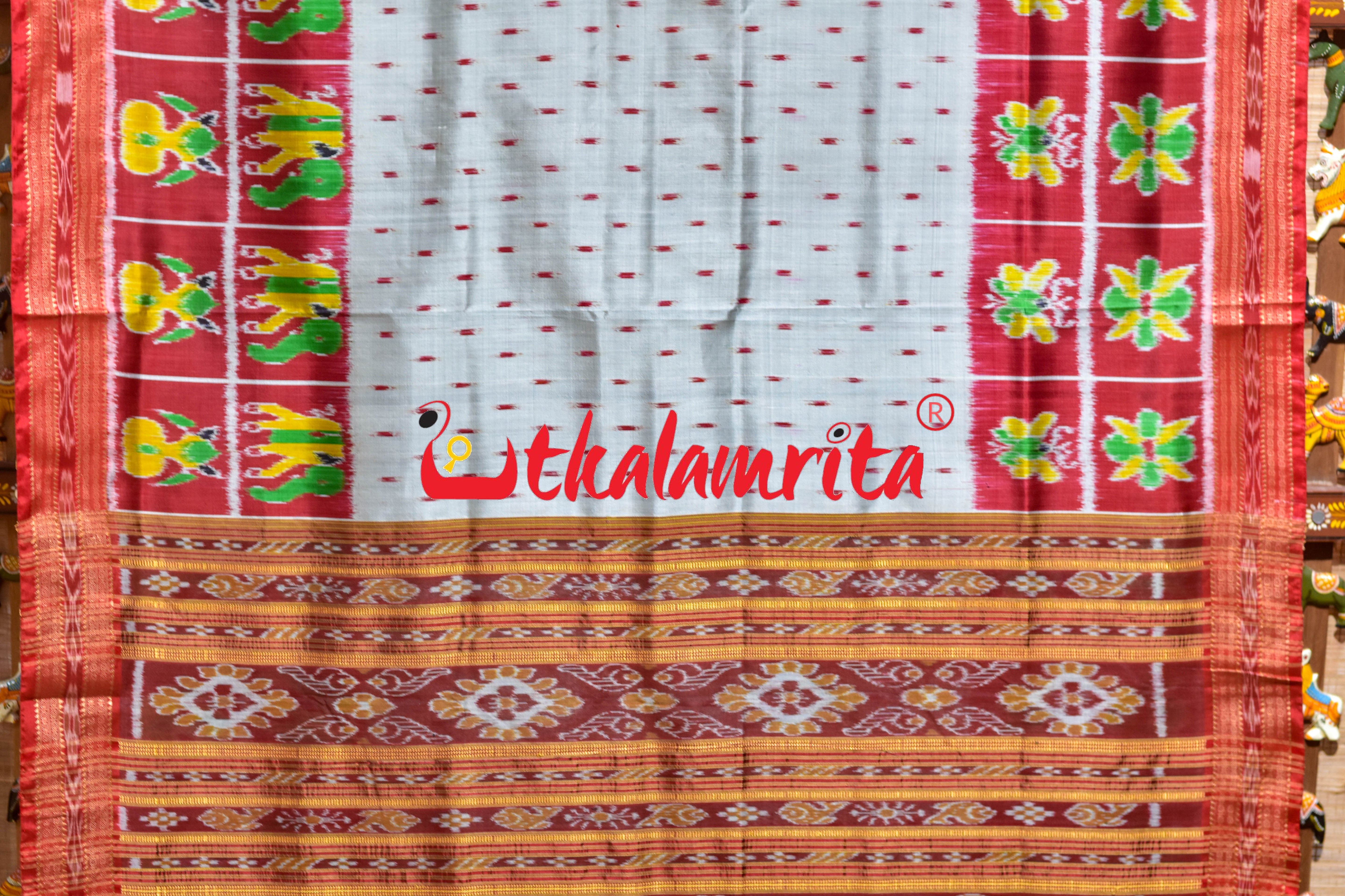 Grey Red Dots Kalash Hathi Border Khandua Silk Saree