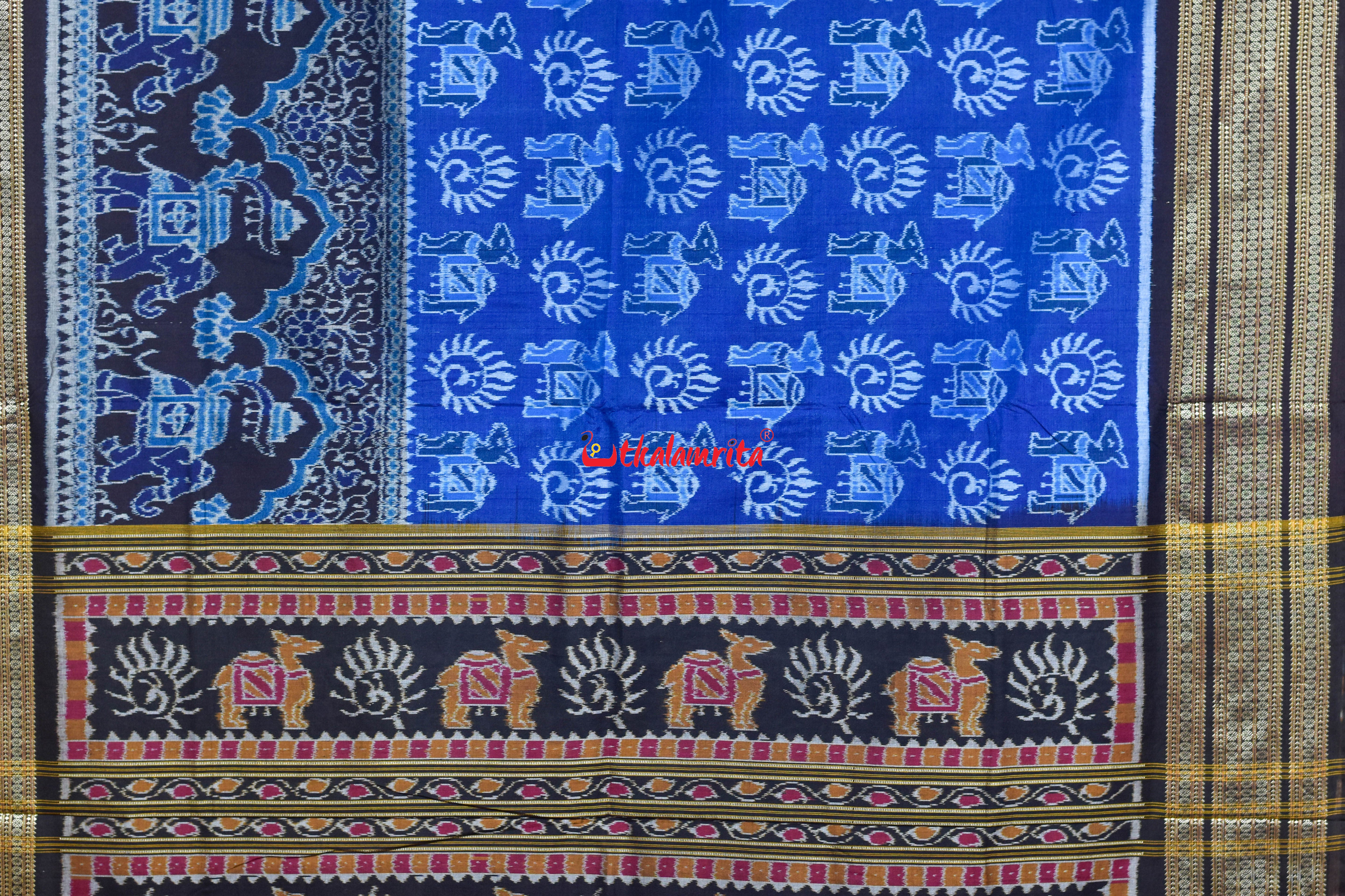 Blue Black 3D Elephant Sambalpuri Cotton Saree
