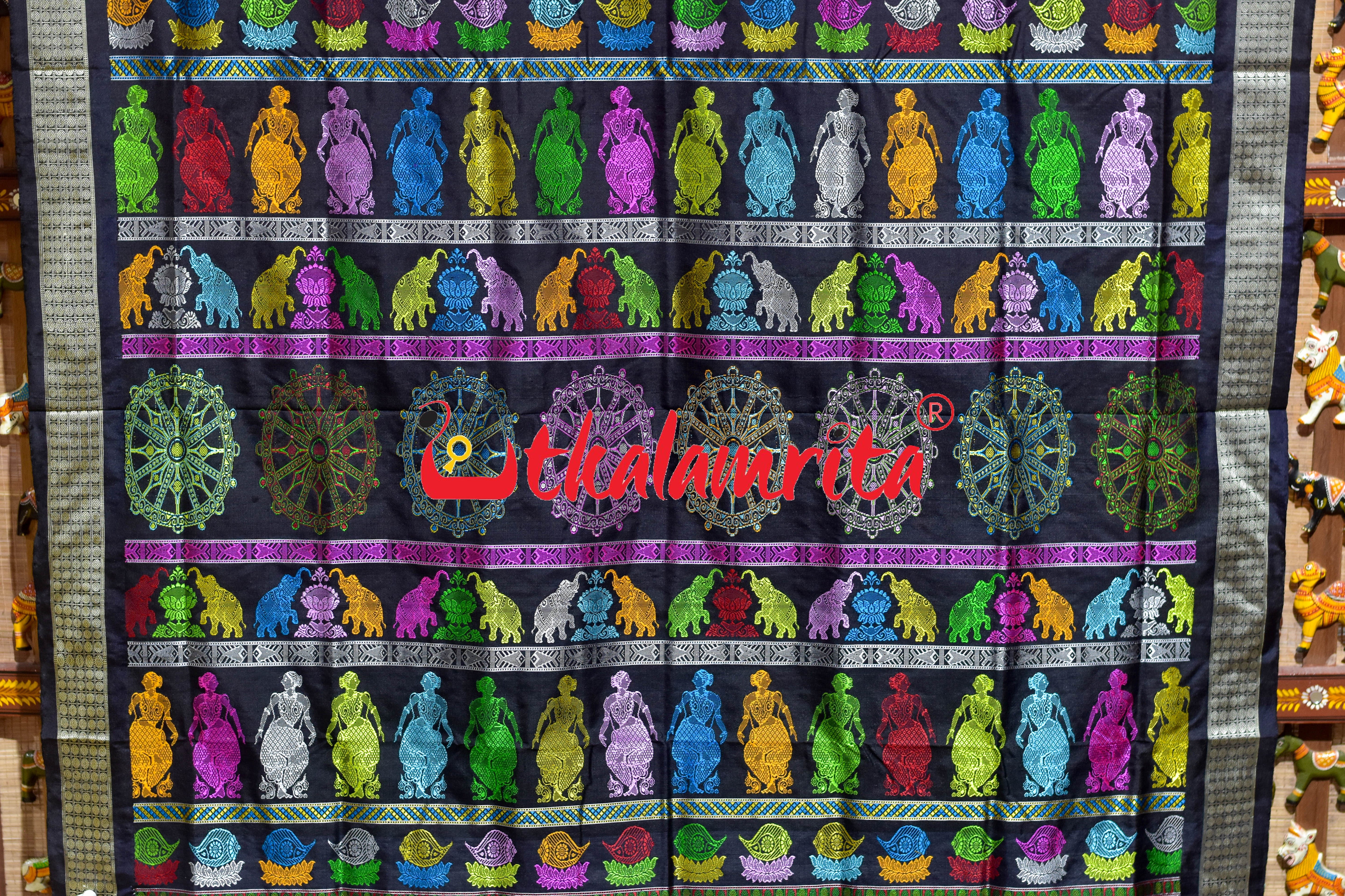 Rani Pink Black Sankha Sudarshana Bomkai Silk Saree