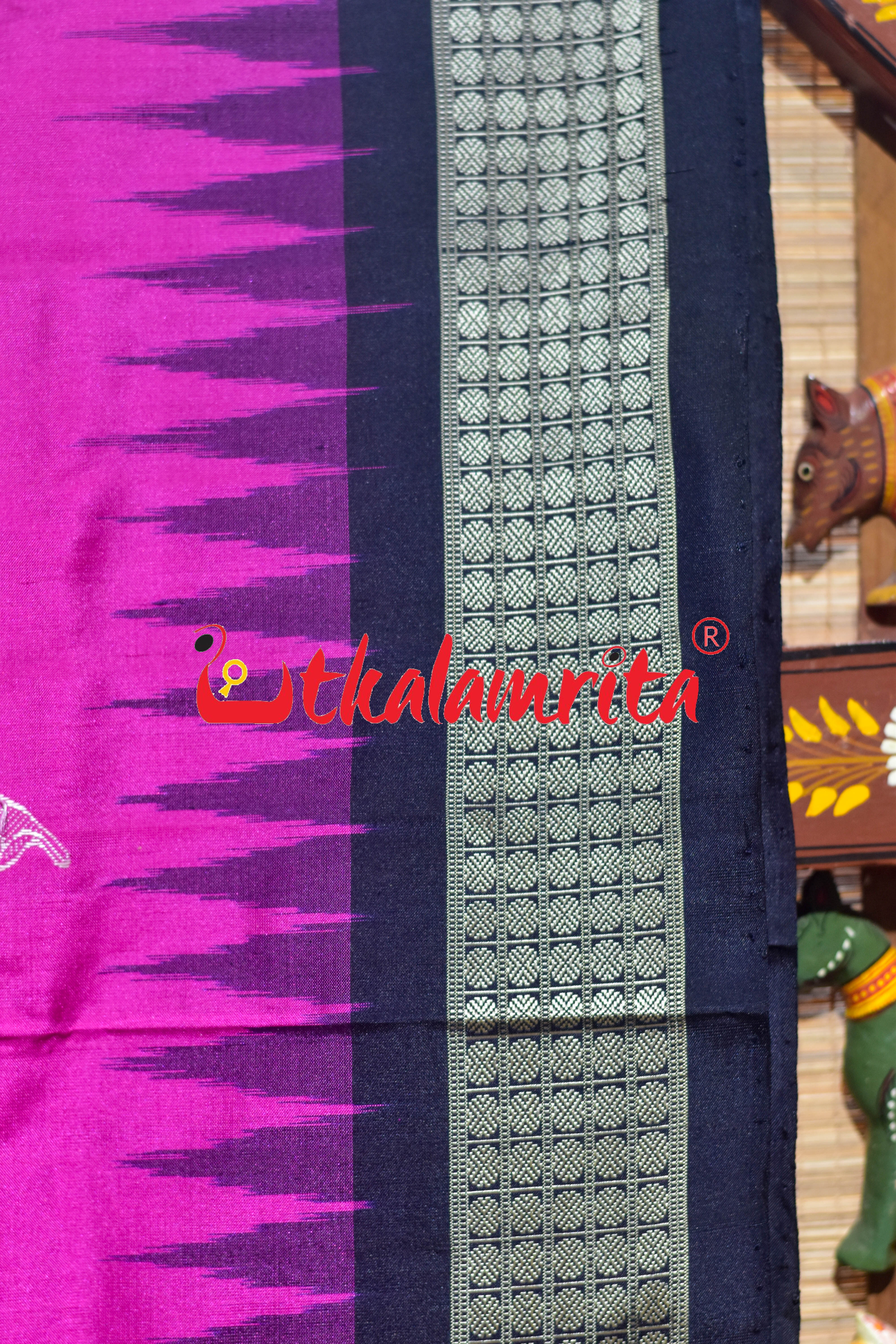 Rani Pink Black Sankha Sudarshana Bomkai Silk Saree