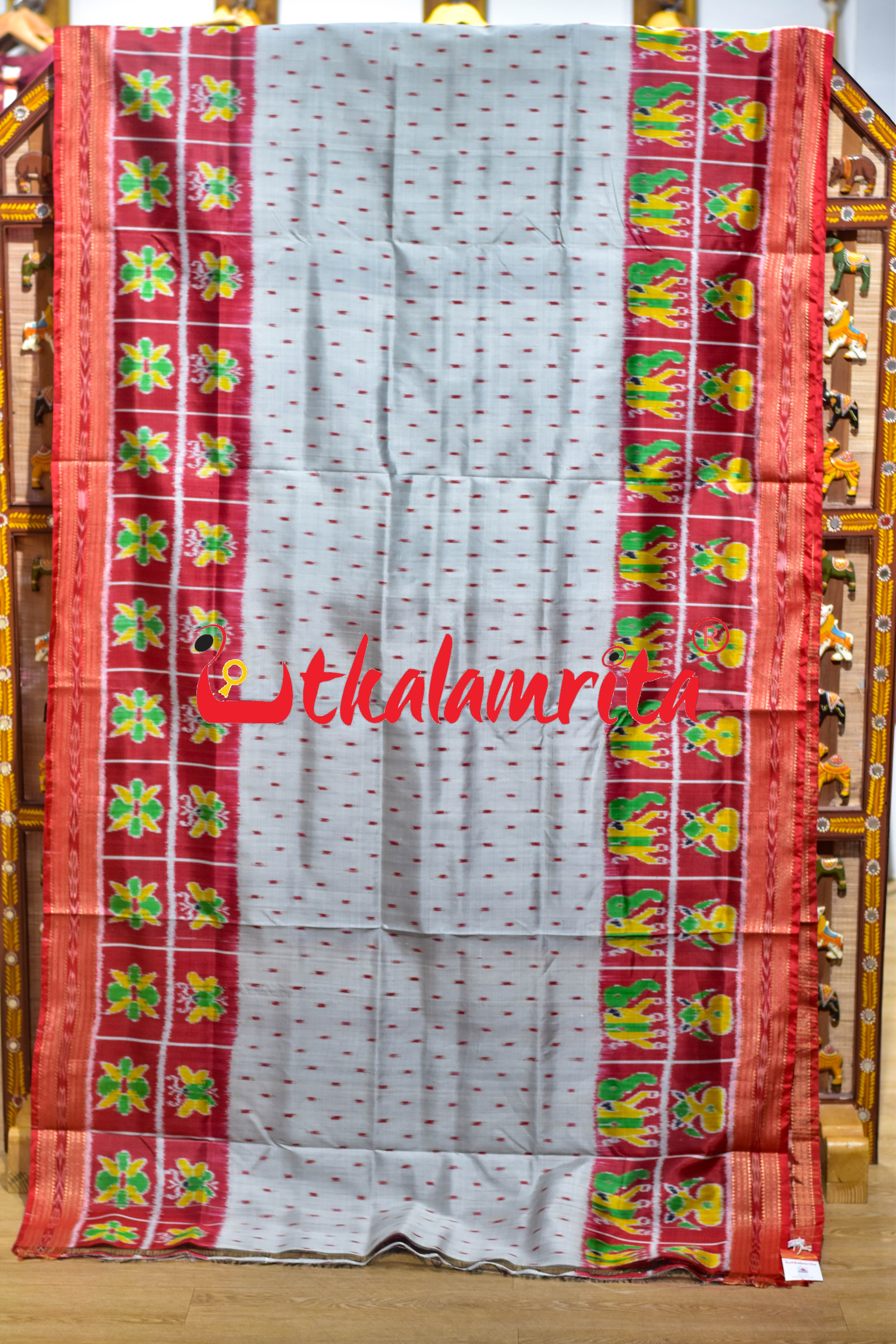 Grey Red Dots Kalash Hathi Border Khandua Silk Saree