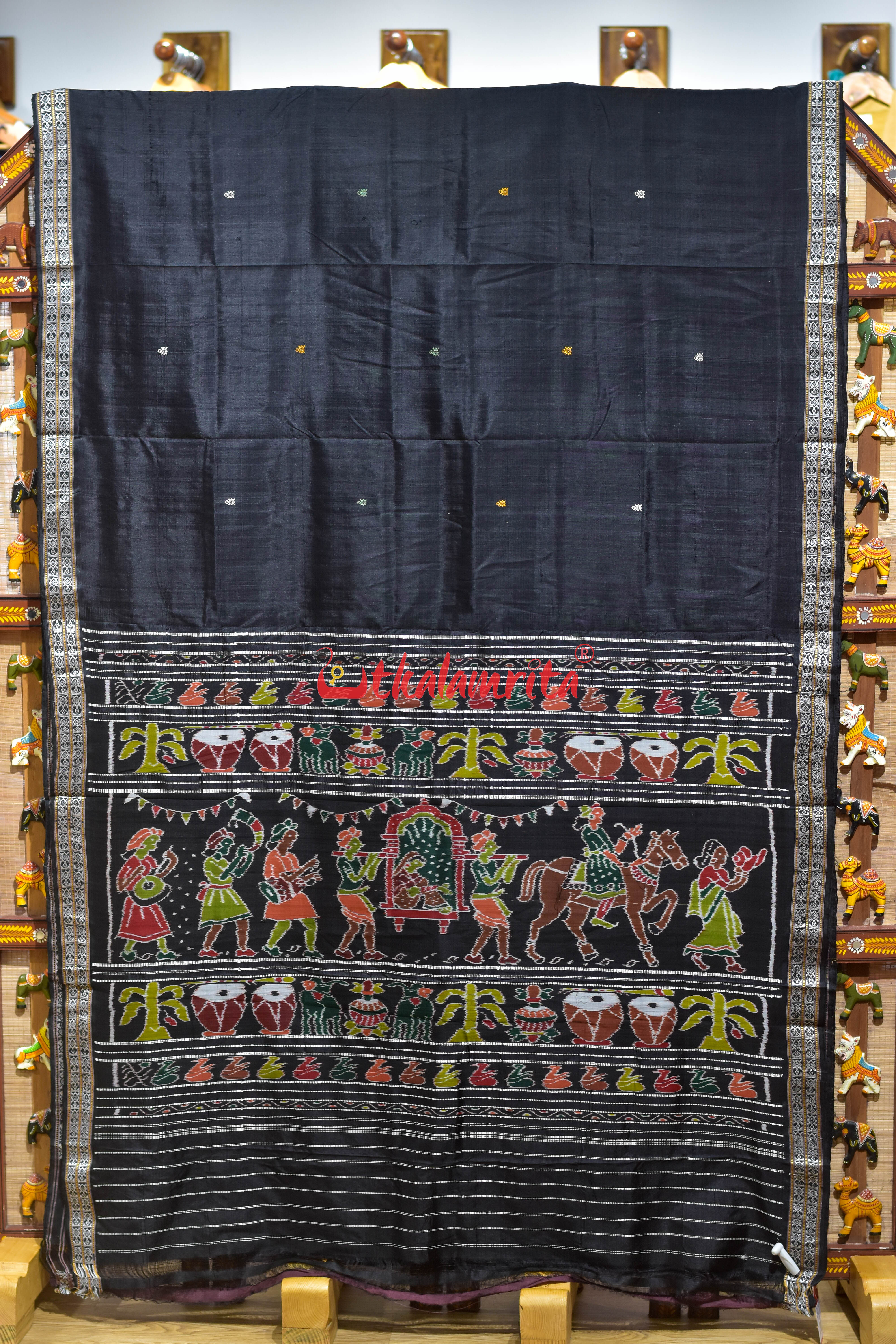 Self Black Turtle Buti Wedding Aanchal Khandua Silk Saree
