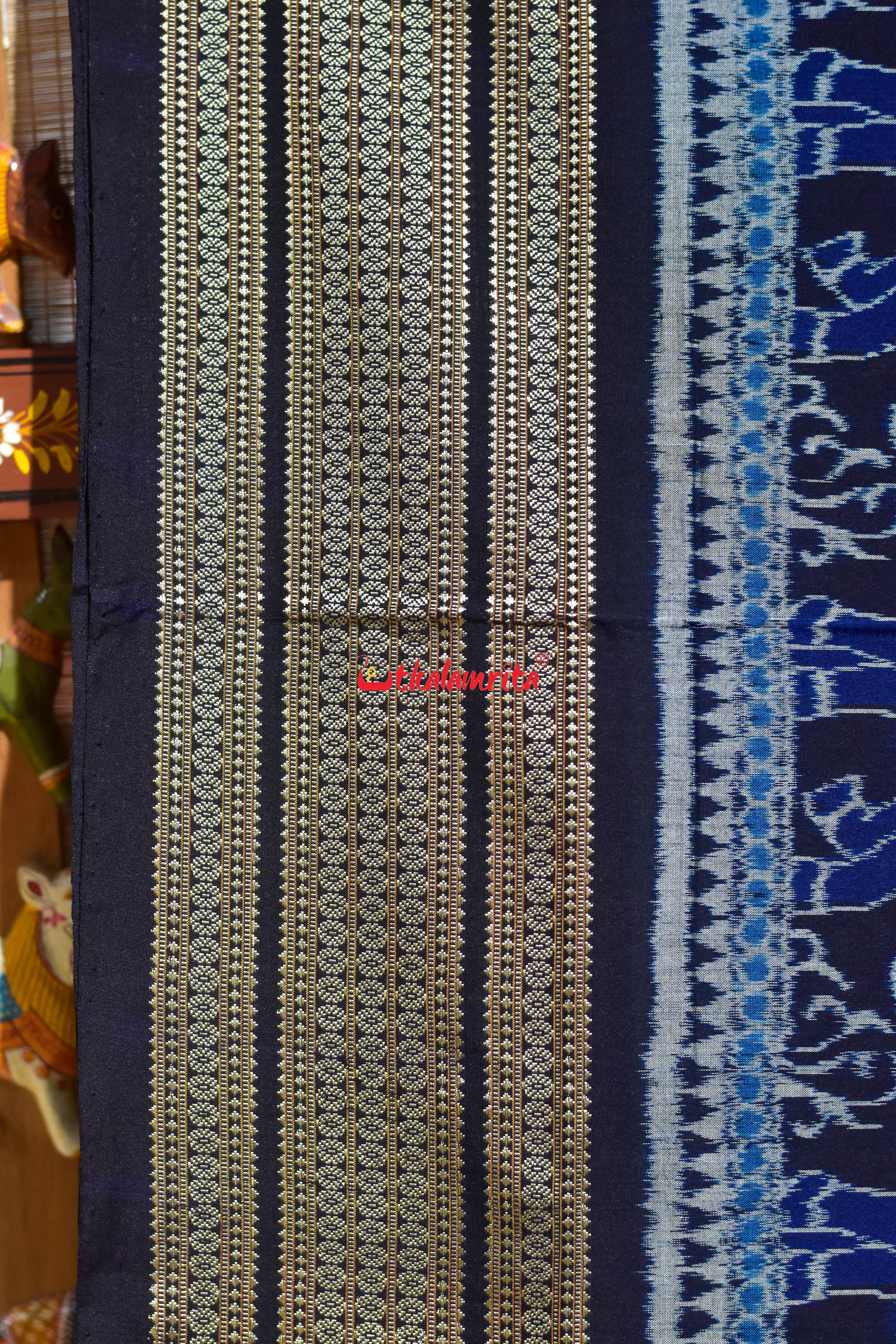 Blue Black 3D Elephant Sambalpuri Cotton Saree