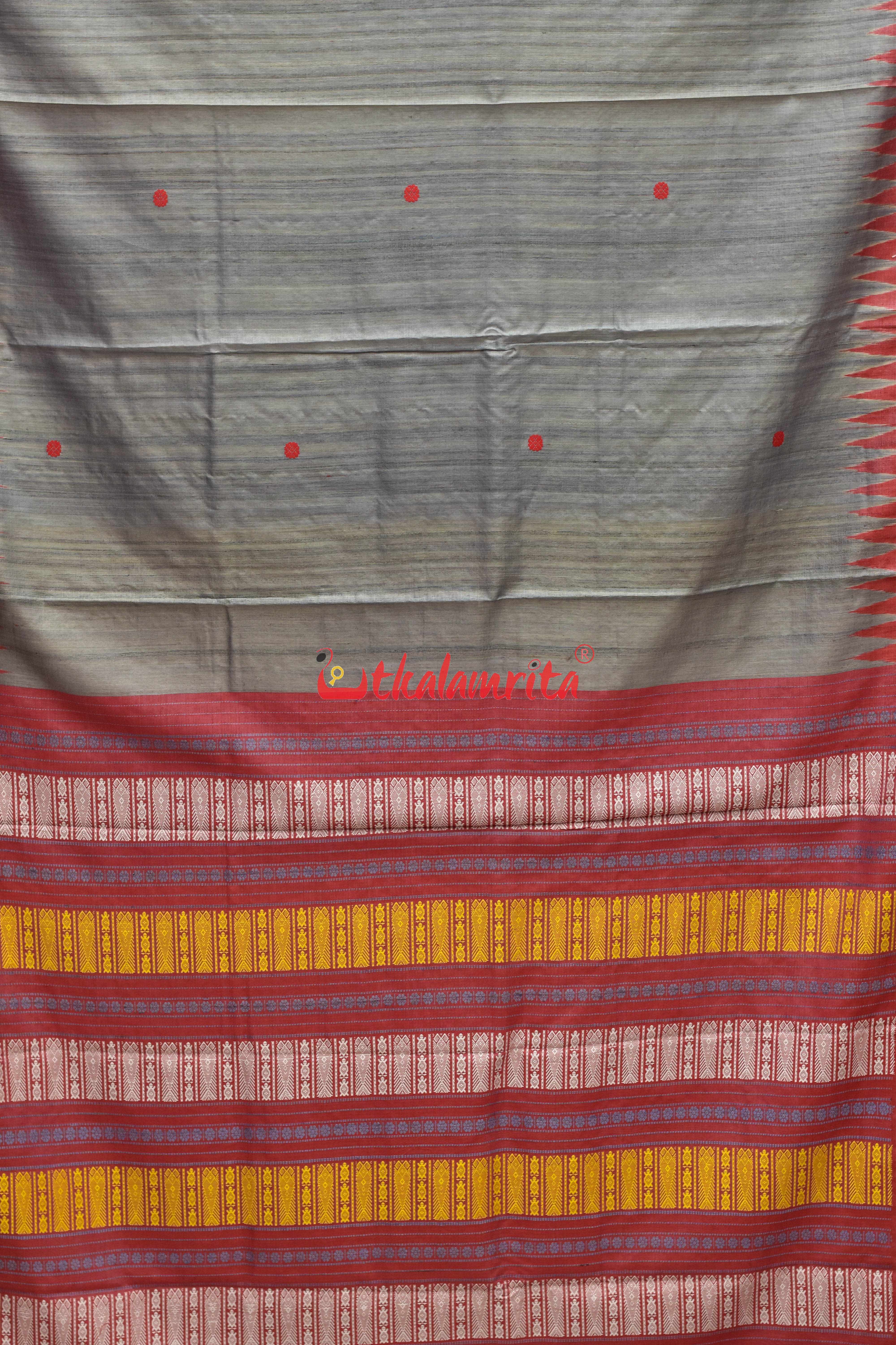 Grey Red Tortoise Border Jaala Anchal Tussar Saree