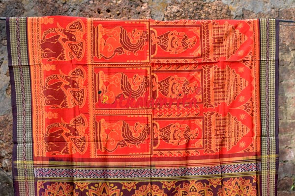 Big Haathi Lions Dancers Orange Sambalpuri Cotton Saree