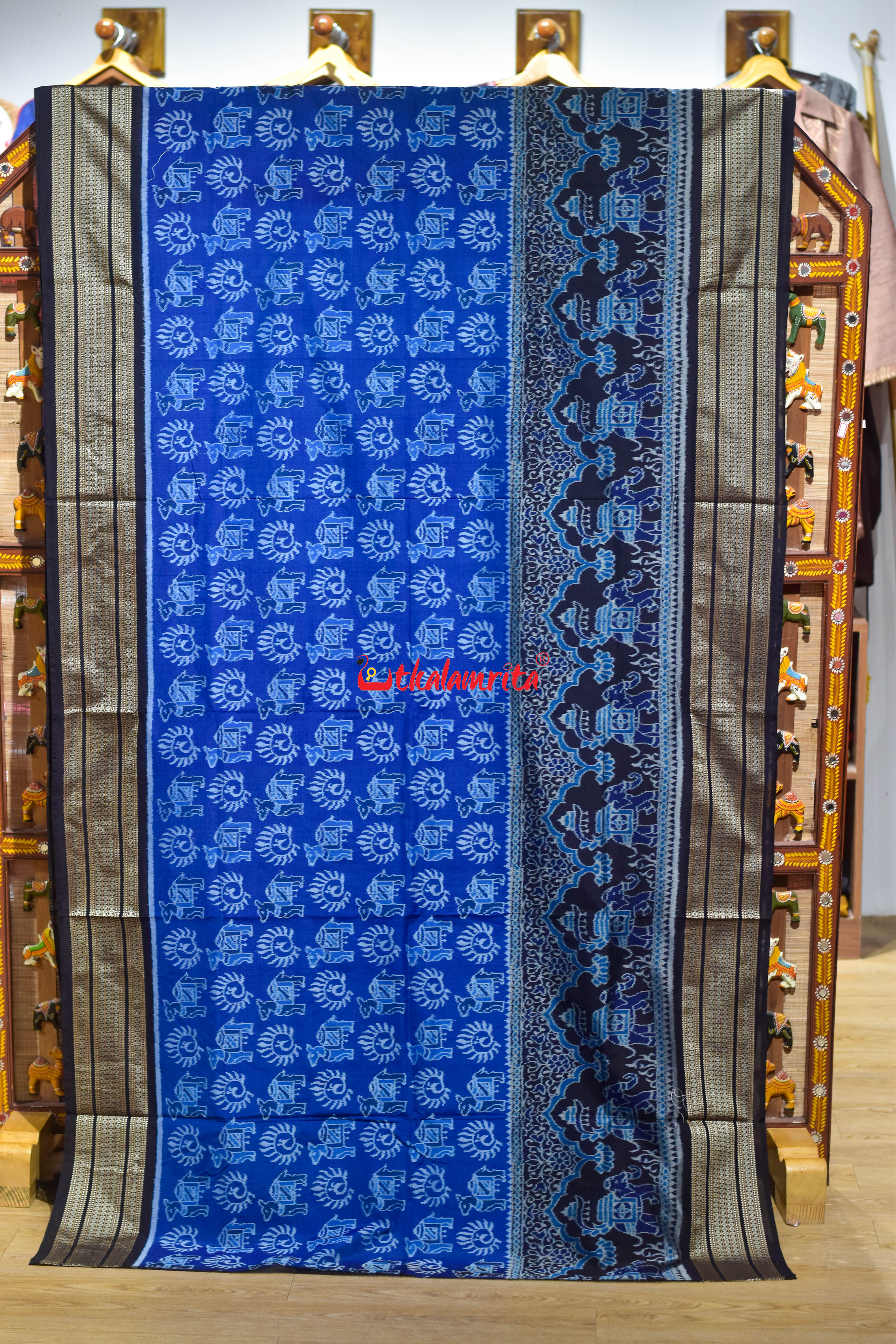 Blue Black 3D Elephant Sambalpuri Cotton Saree