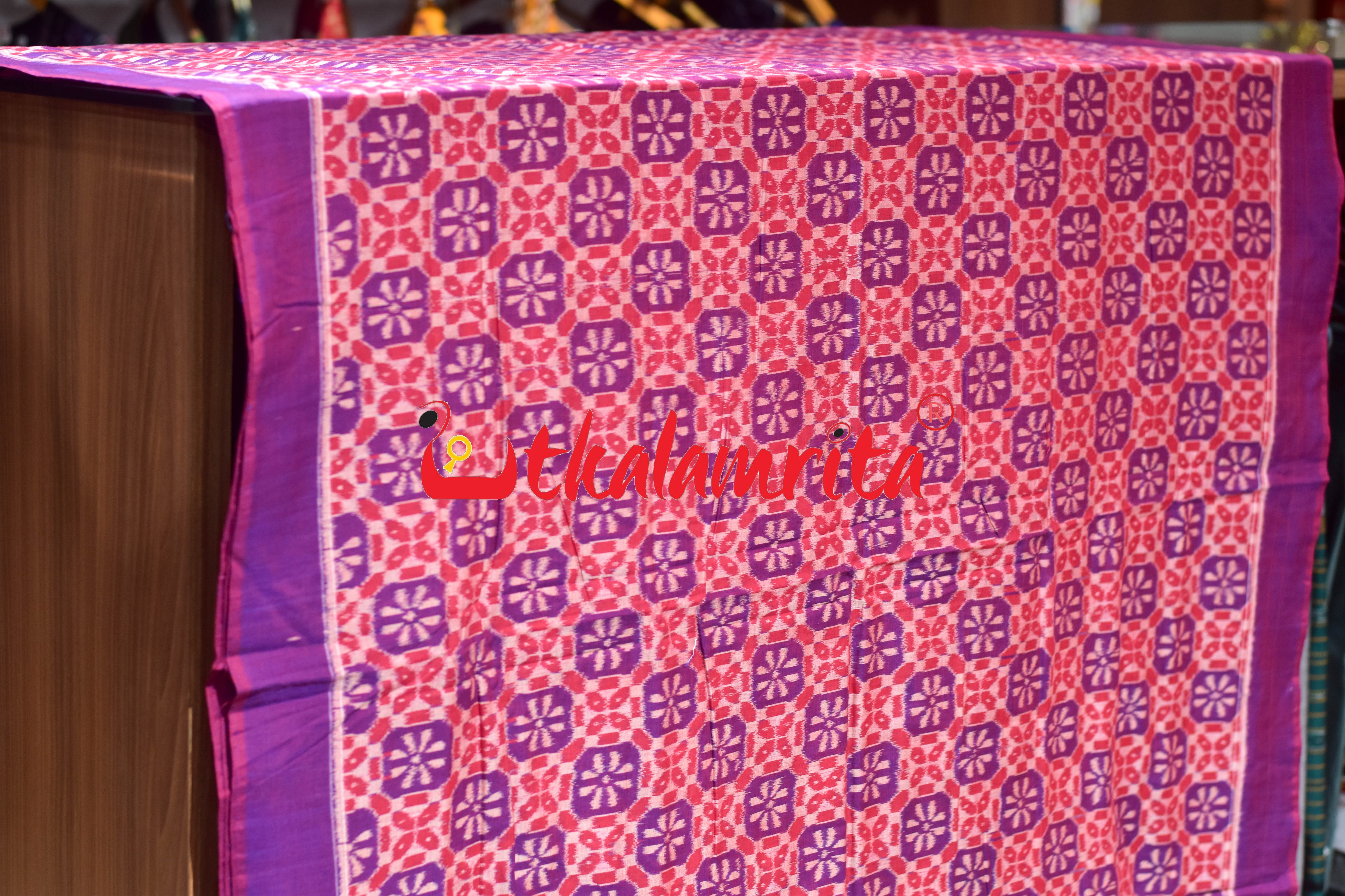 Red Blue 3D Flower Sambalpuri Cotton (Fabric)